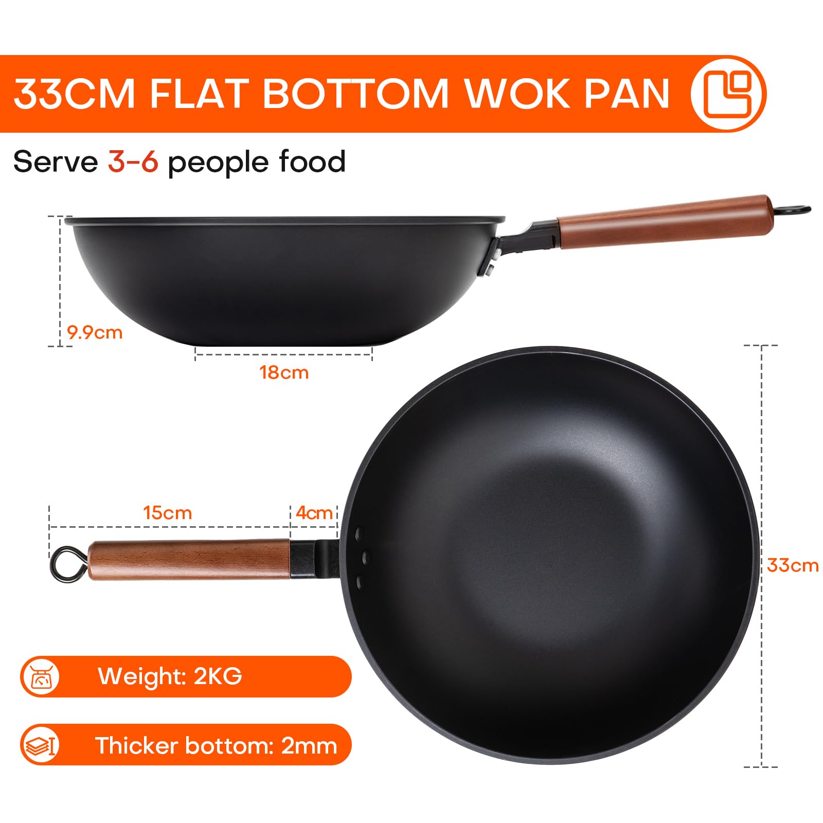 Jobin 33cm Pre-Seasoned Carbon Steel Wok with Lid | Non-Stick Frying Pan