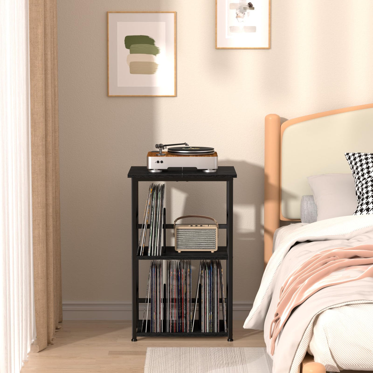 LOAKEKEL Record Player Stand, Vinyl Record Storage with Extra-Large Desktop