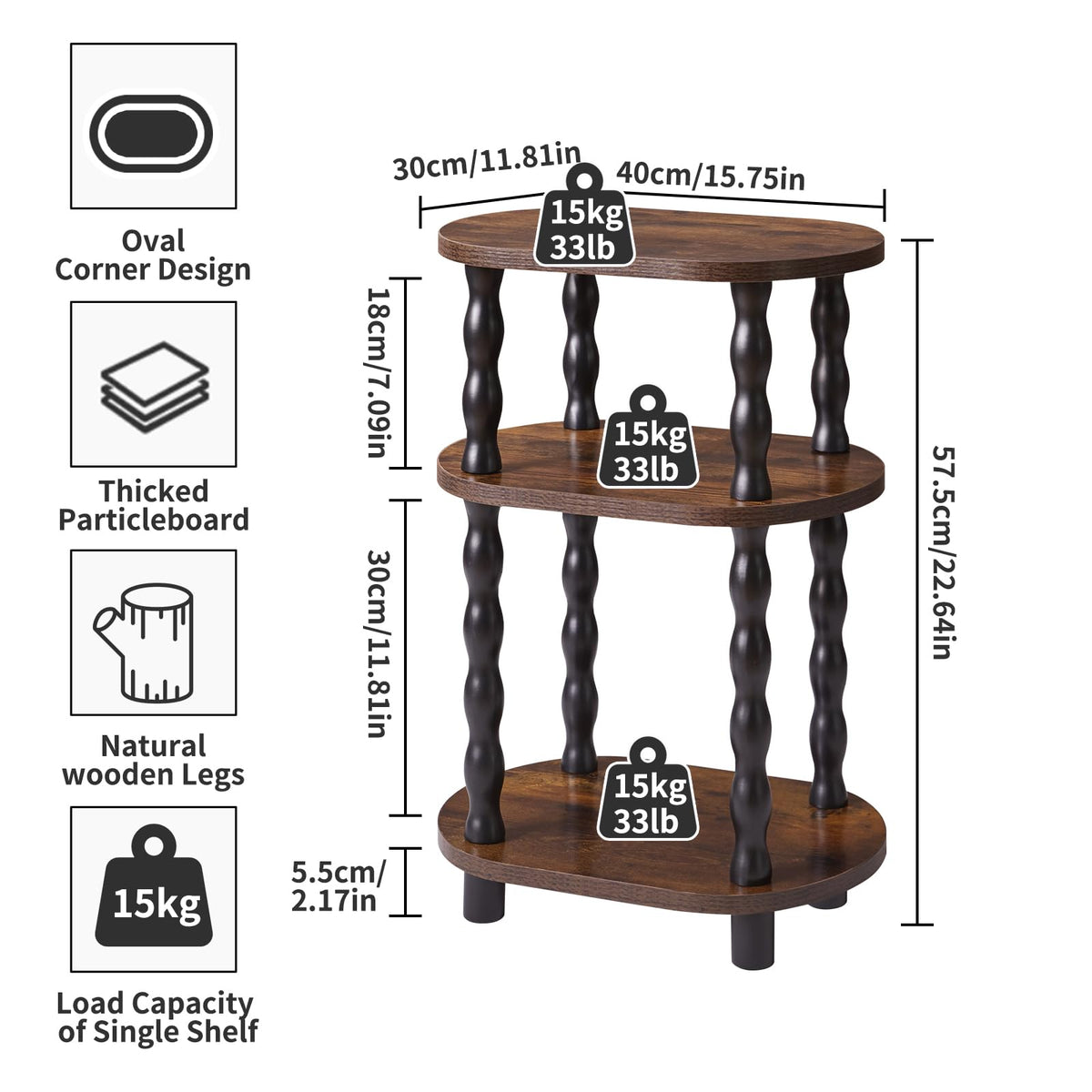Aibiju Side Table with Solid Wood Legs, 3-Tier Oval End Table with Storage Shelf, Bedside Table Nightstand for Bedroom, Living Room, Hallway - image 3