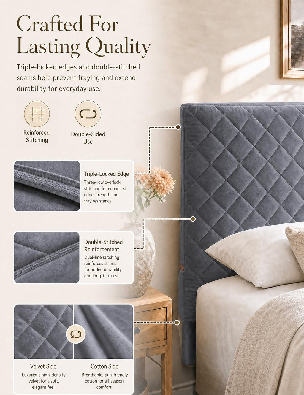 Bed Headboard Slipcover Quilted Thicken Protector Light grey,180x70cm - image 3
