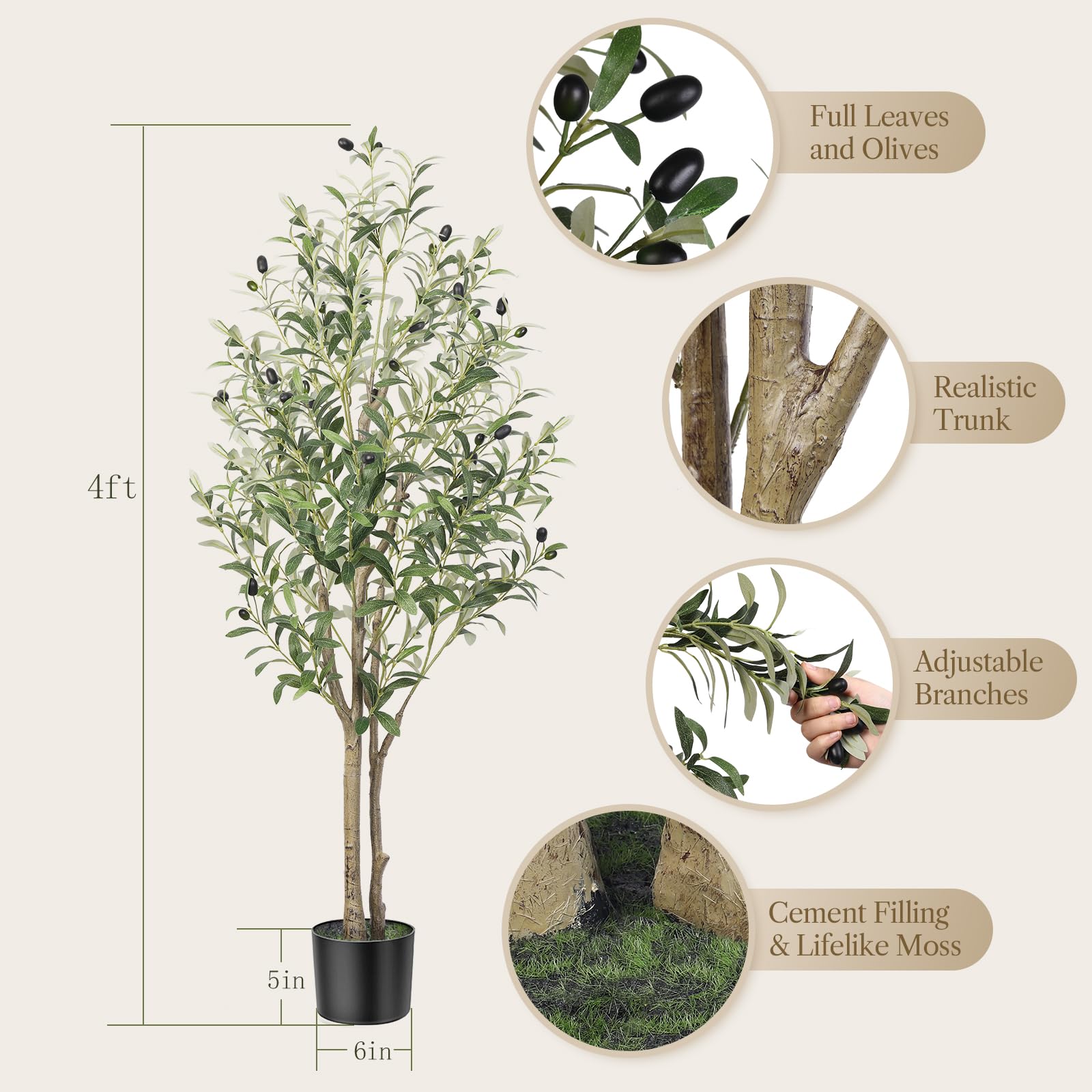 Alupssuc 4FT Artificial Olive Tree | Lifelike Faux Silk Potted Plant