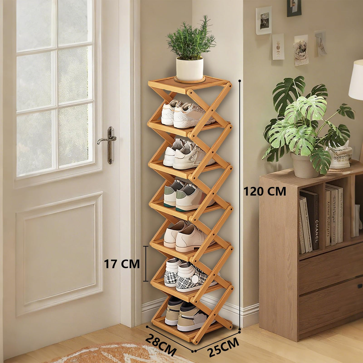 YYW Shoe Rack, Foldable Shoes Organizer Free Standing Shelf for Entryway, Closet, Hallway, Foldable X Shape Multi Tier Shoe Rack Wood Color,7 Layers - image 2