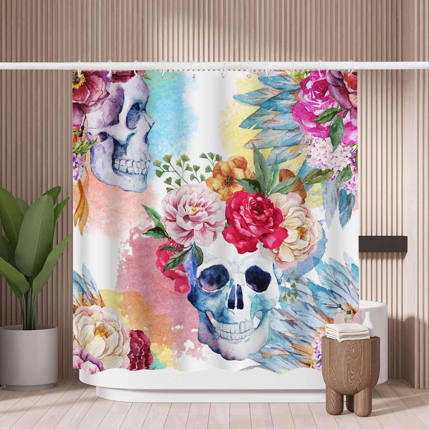 Watercolor Skull Floral Shower Curtain | Mold Resistant Polyester