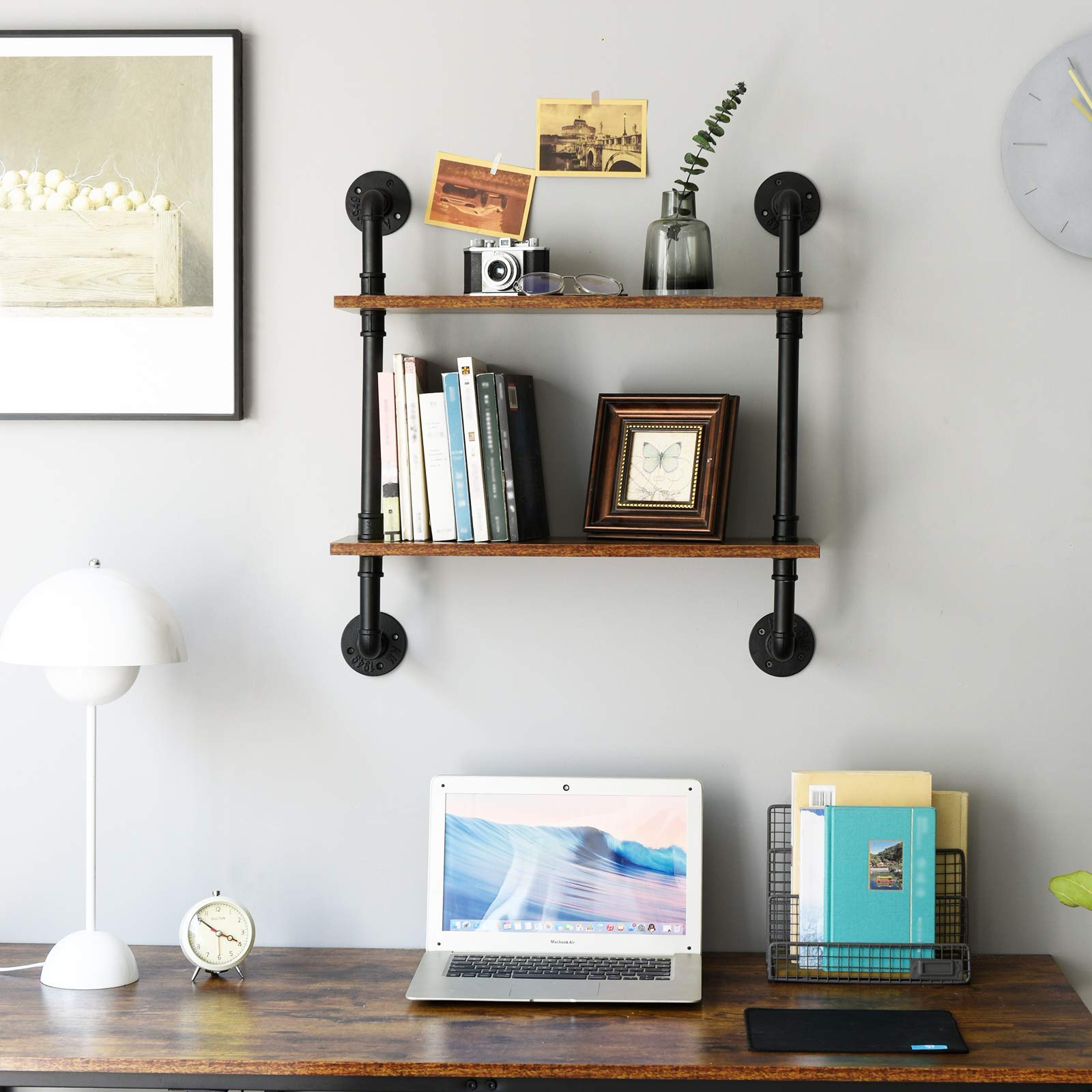 IBUYKE Industrial Pipe Floating Shelves – 2-Tier Wood Wall Storage Unit