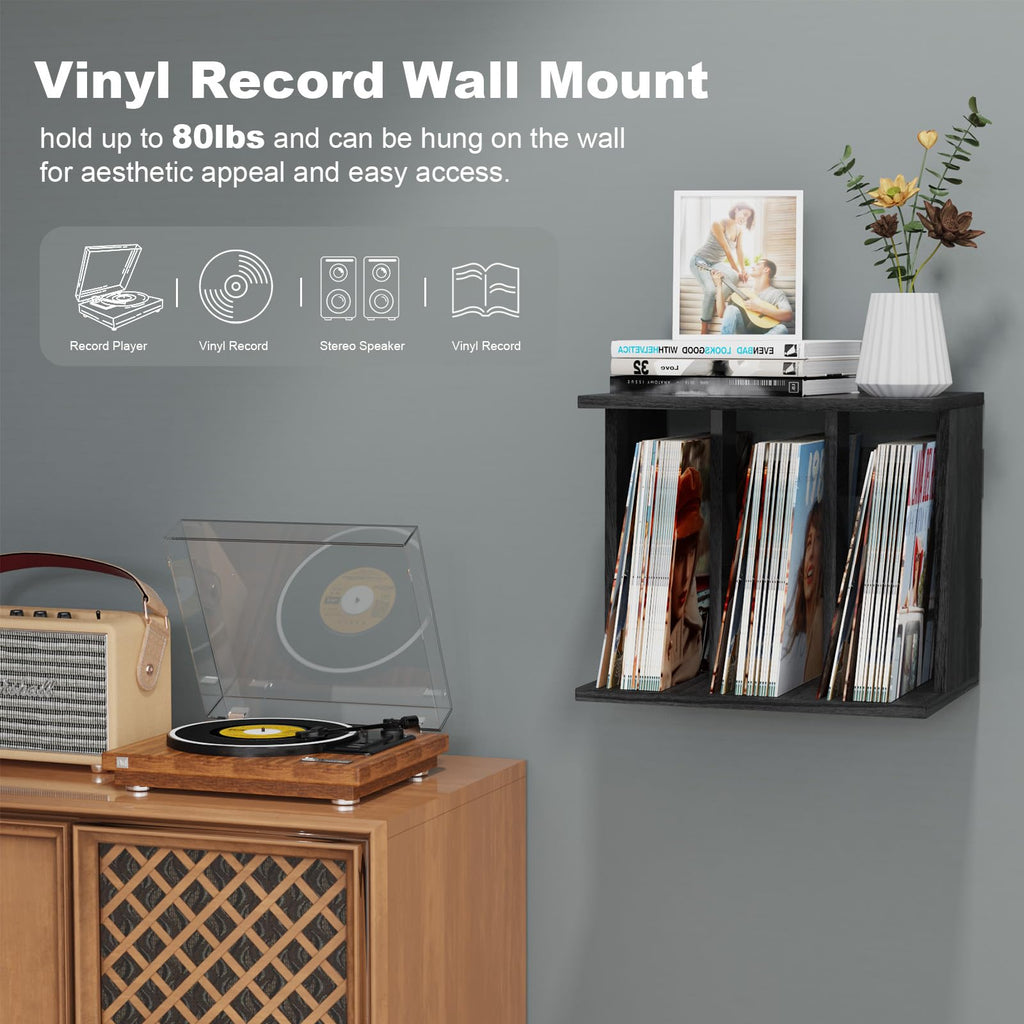Emfogoo Vinyl Record Storage Wall Mounted Holds 100 LP Albums, 3-Tier Organizer Cabinet with Wall Mount