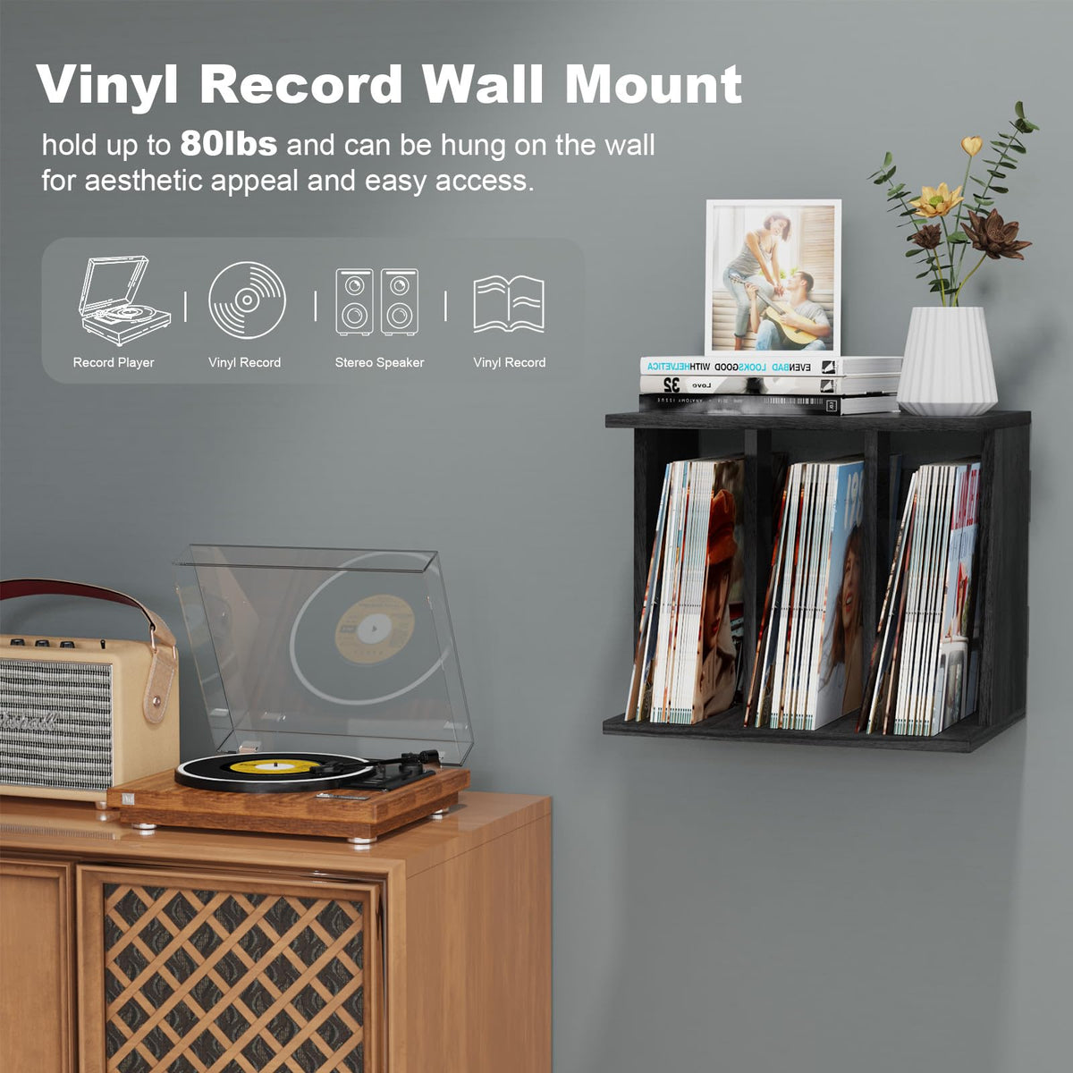 Emfogoo Vinyl Record Storage Wall Mounted Holds 100 LP Albums, 3-Tier Organizer Cabinet with Wall Mount