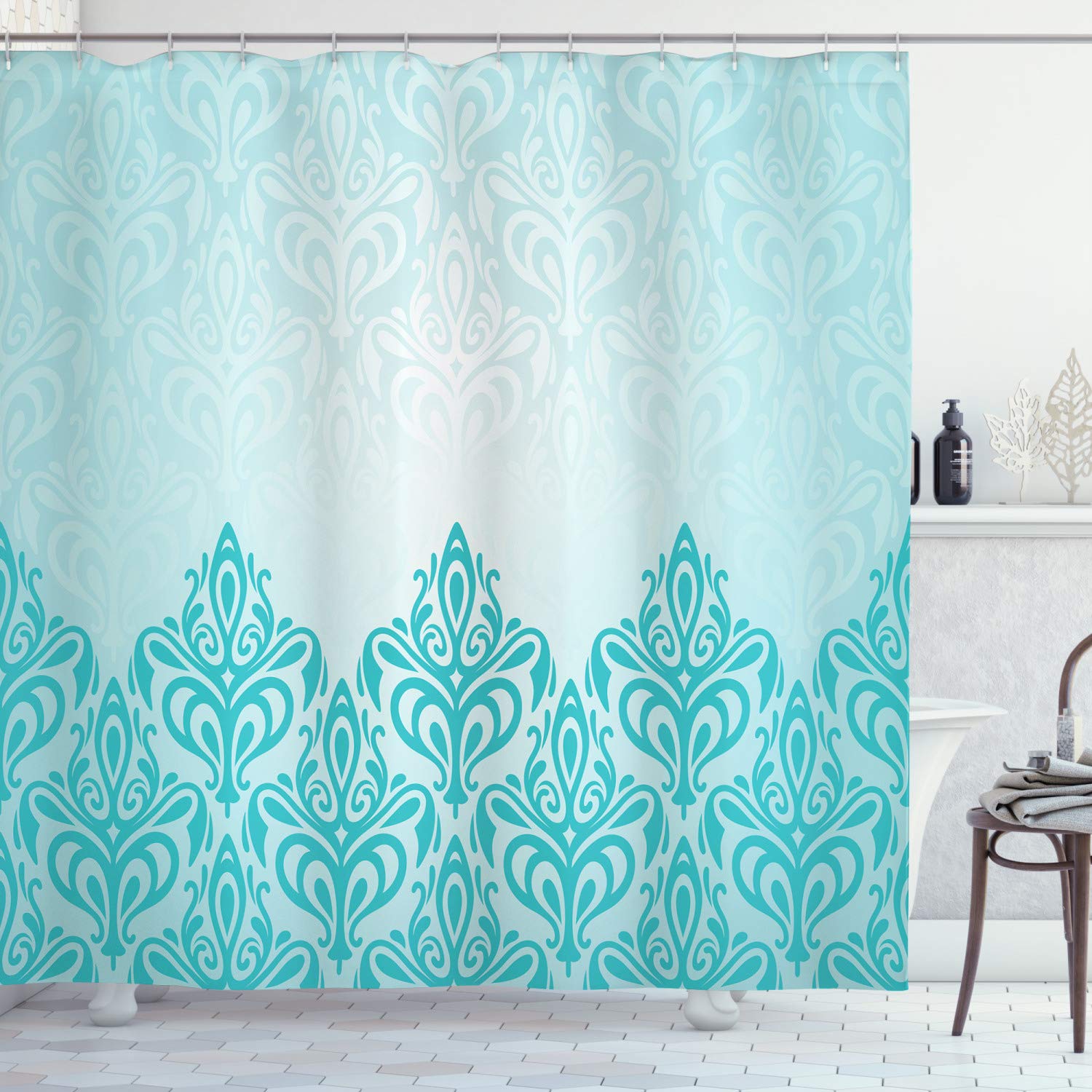 ABAKUHAUS Turquoise Retro Victorian Fabric Shower Curtain - 94 x 69 Inches