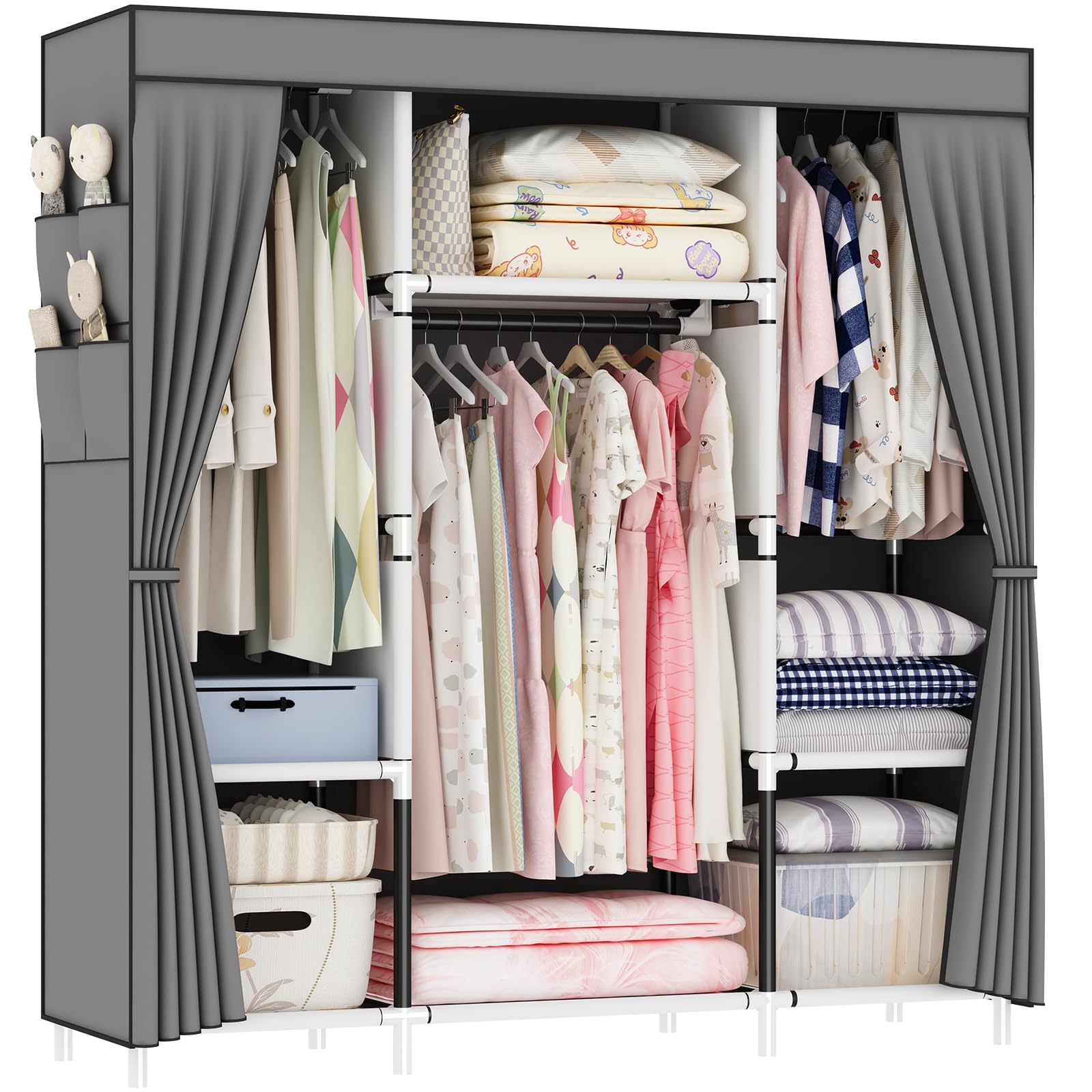 OPPAIYA Portable Canvas Wardrobe | 3 Hanging Rails & 8 Side Pockets - Gray