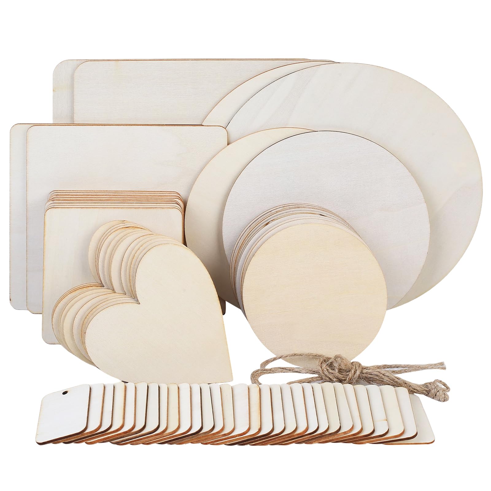 70pc Unfinished Wood Slices for Crafts – Round, Square & Heart