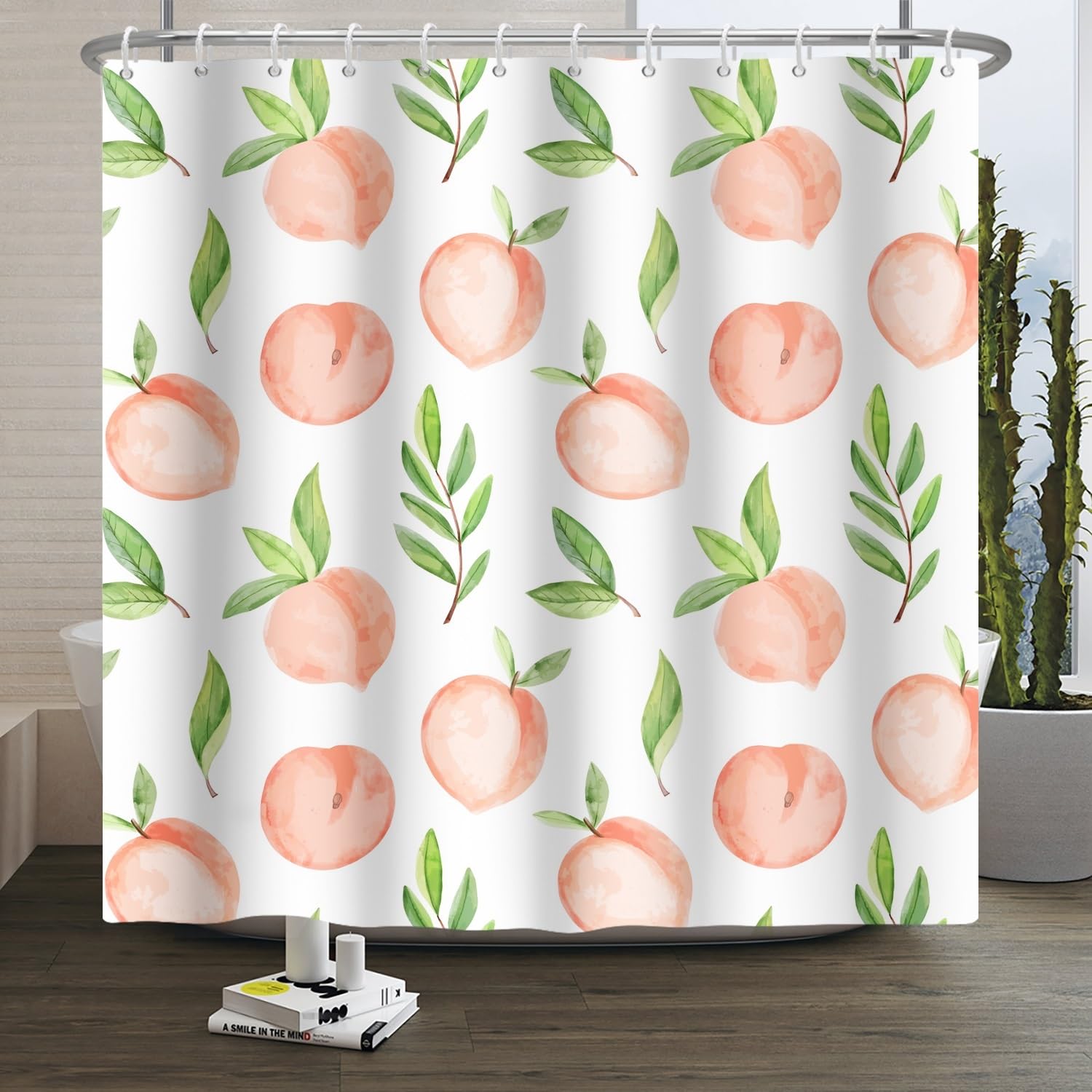 Xiaoterna Peach Shower Curtain | Pink Fruit Waterproof Polyester Fabric