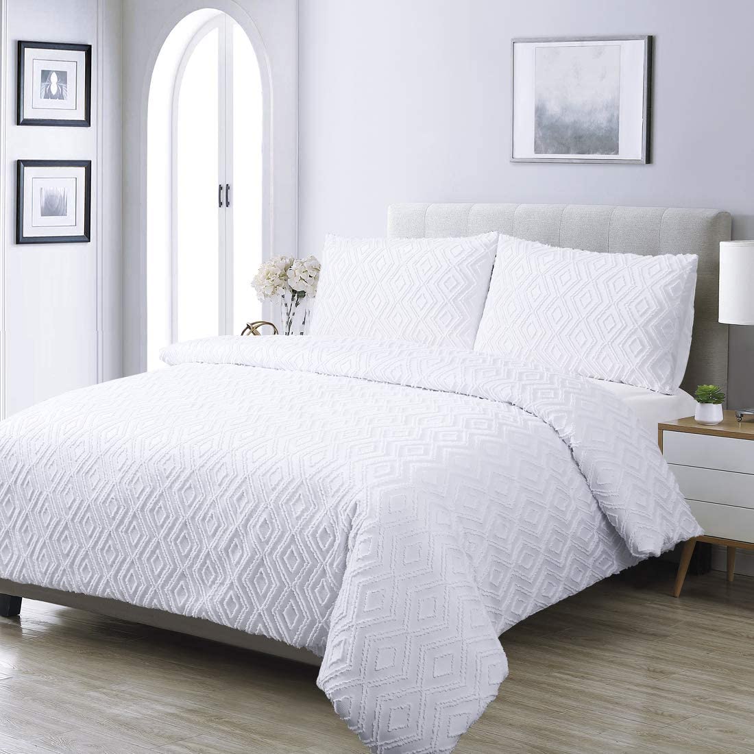 YINFUNG White King Duvet Cover Set – Tufted Geometric 3-Piece Bedding