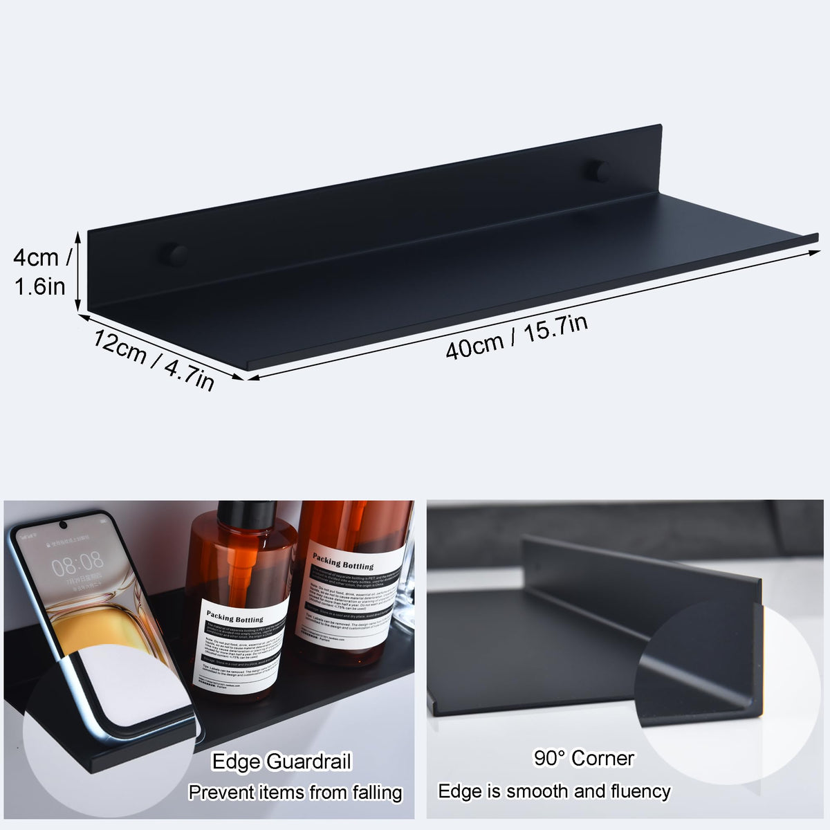 HNVNER Black Bathroom Shelves No Drill, Metal Shower Caddy 2 Pack, 40 cm - image 3