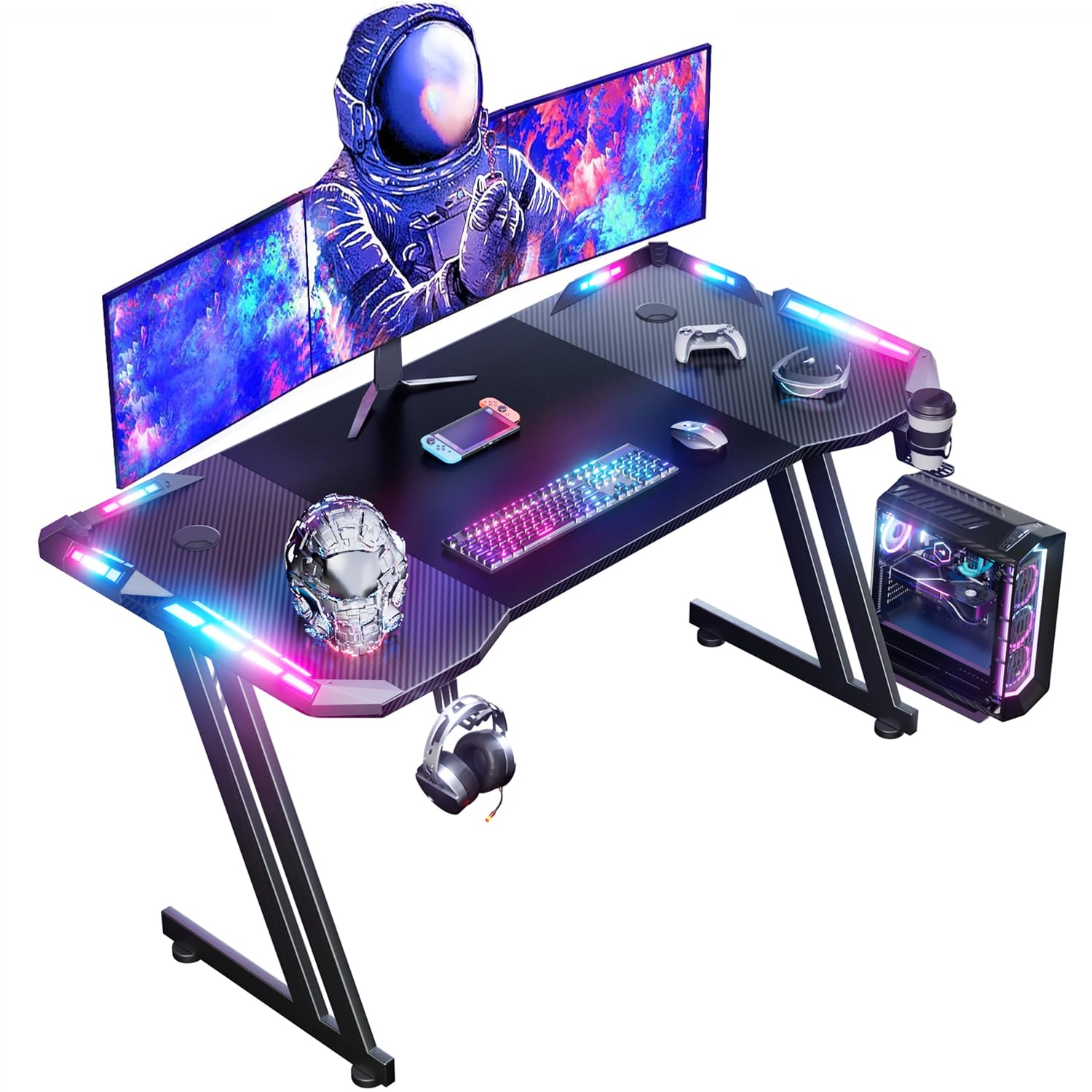 DLONGONE 140cm RGB Gaming Desk – Carbon Fiber Large PC Table with Hook