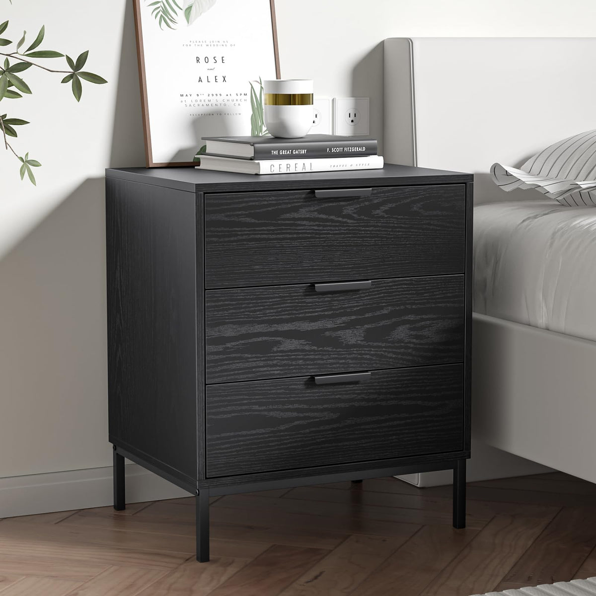 Skokliz Bedside Table with 3 Drawers, Black Nightstand for Bedroom, Wood Modern End Table for Living Room, Small Spaces, 50x40x60cm - image 1