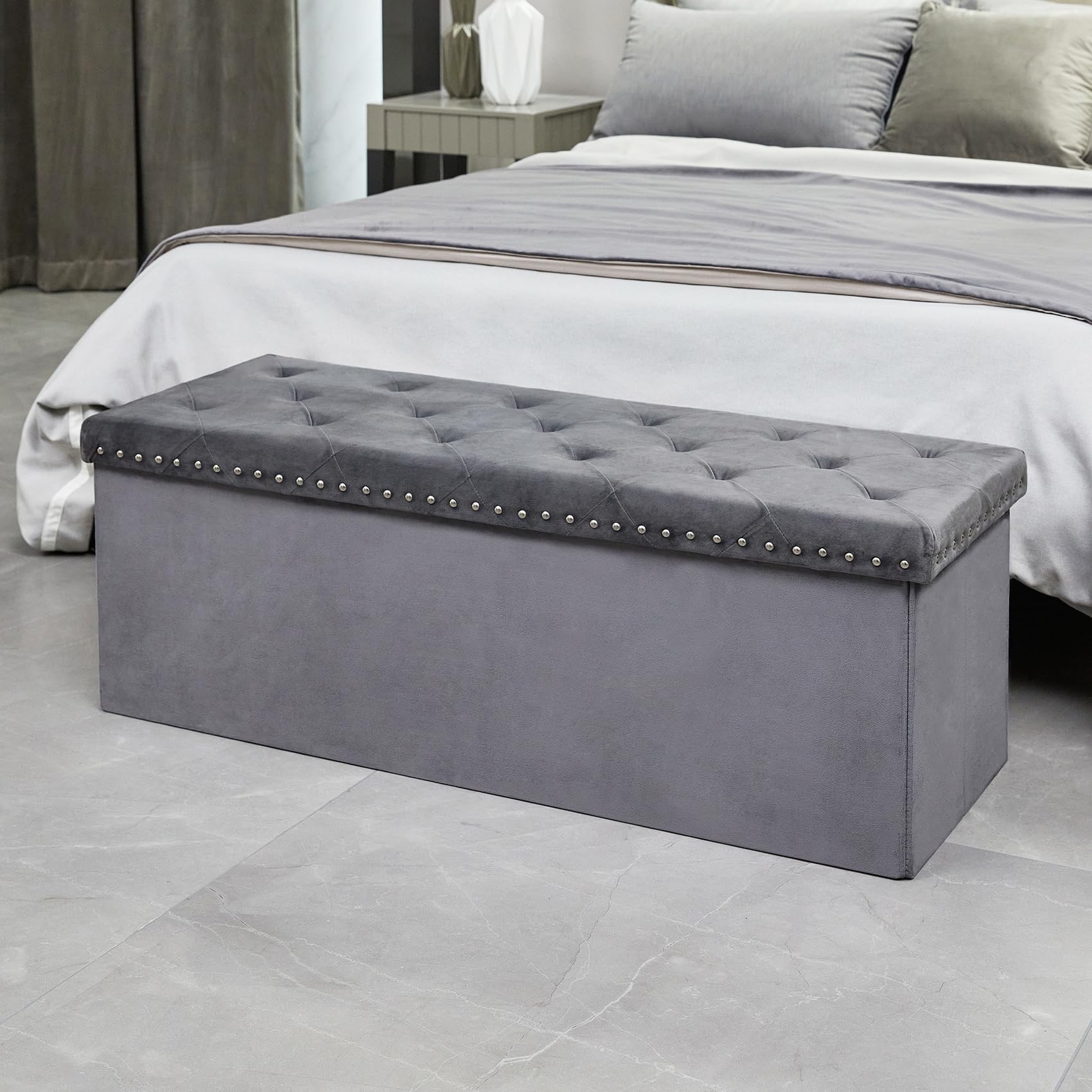 Bonlife Grey Velvet Storage Ottoman Bench – Large Folding Footstool