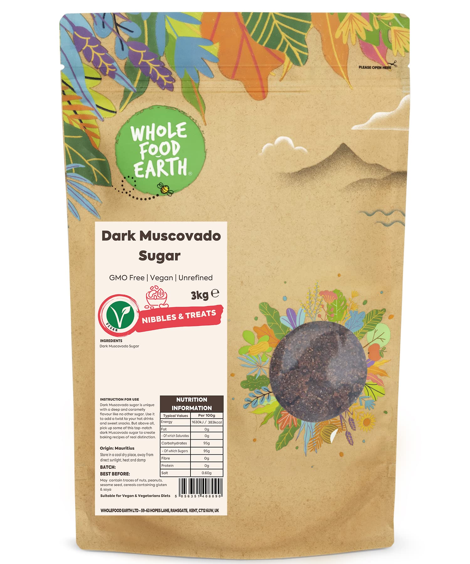 Wholefood Earth Dark Muscovado Sugar – 3kg Unrefined & GMO Free