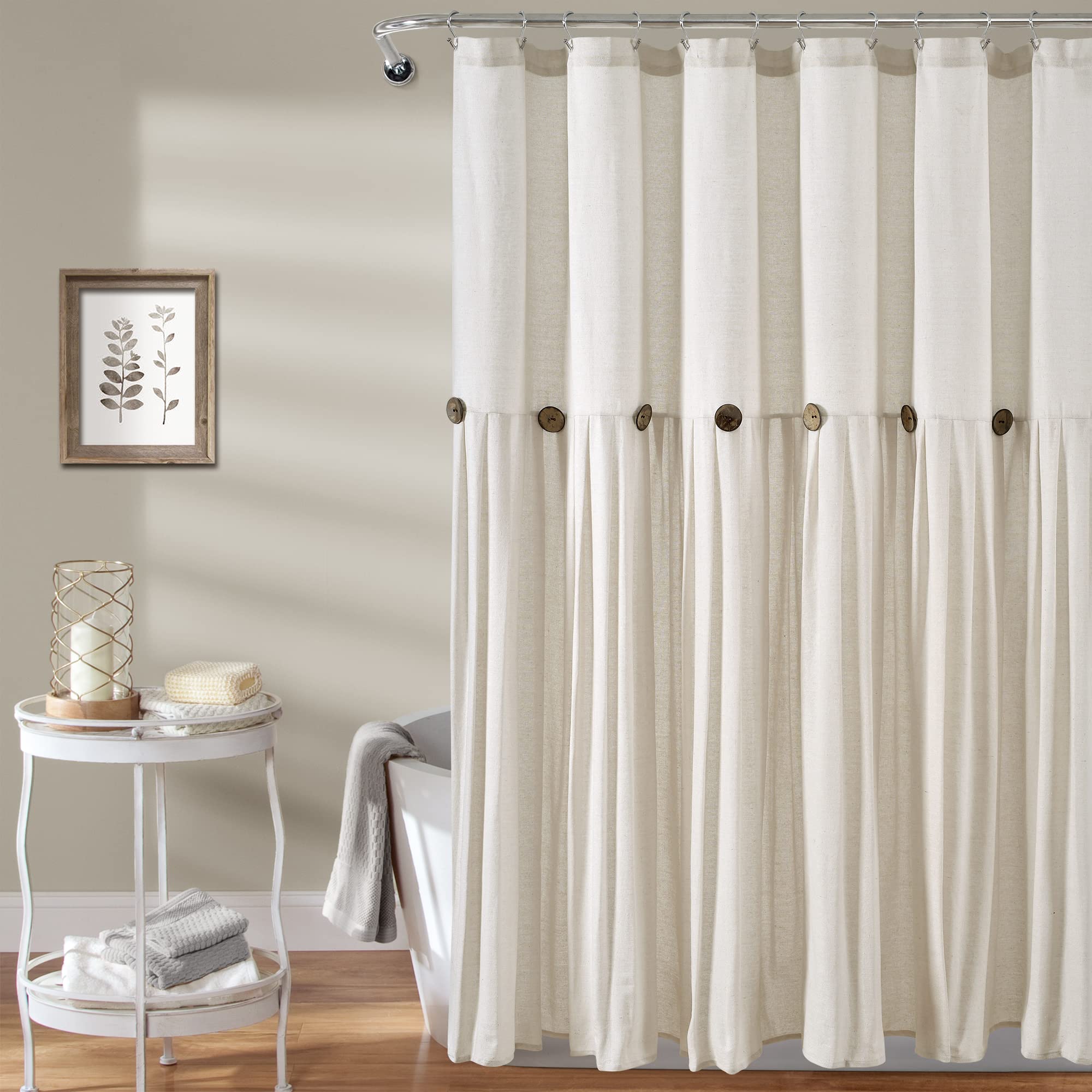 Lush Decor Linen Button Shower Curtain – Farmhouse Cotton Blend, 72x72