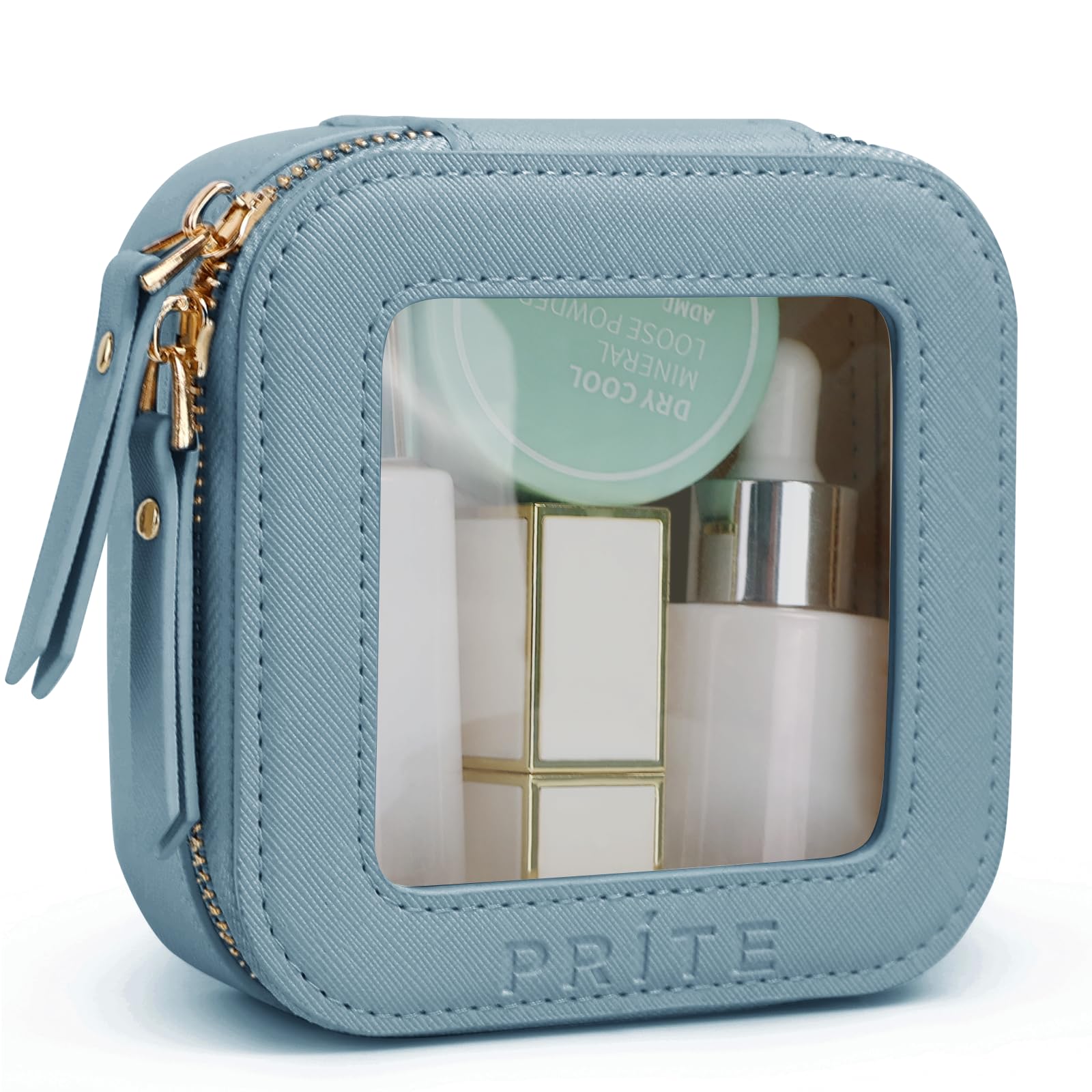 Clear Makeup Bag – Mini PU Leather Travel Toiletry Pouch (Blue)