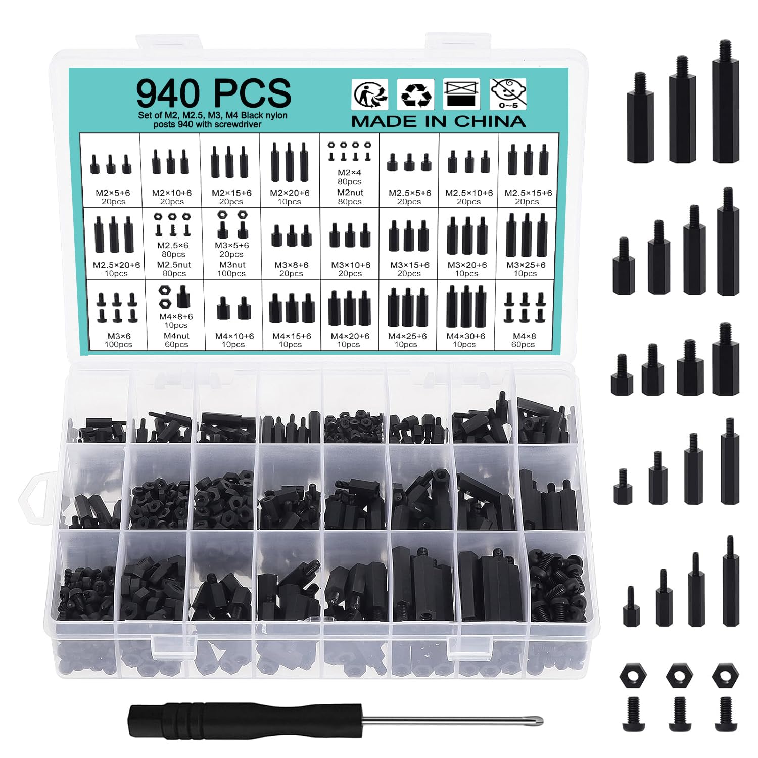 WiMas 940PCS Nylon Hex Standoff Spacer Kit | M2 M2.5 M3 M4 PCB Screws