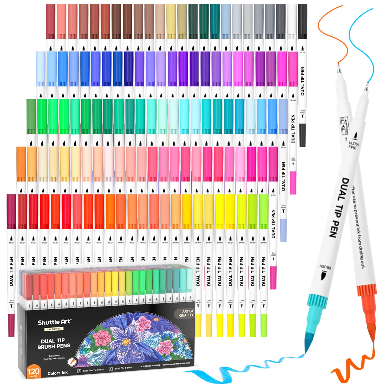 Shuttle Art 120 Colors Dual Tip Brush Pens Set with Coloring Book