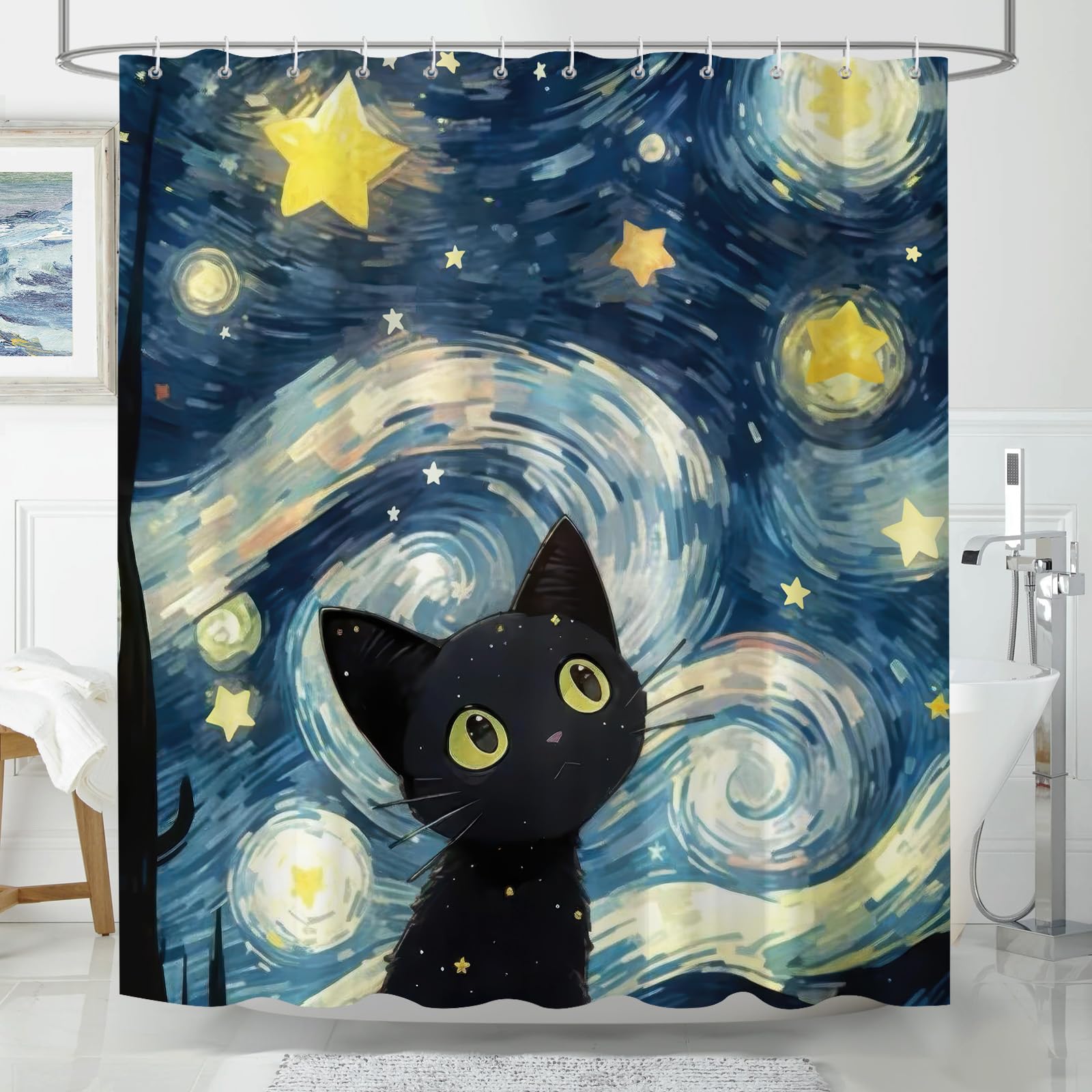 Jolof Store Starry Night Black Cat Shower Curtain | Oil Painting Style