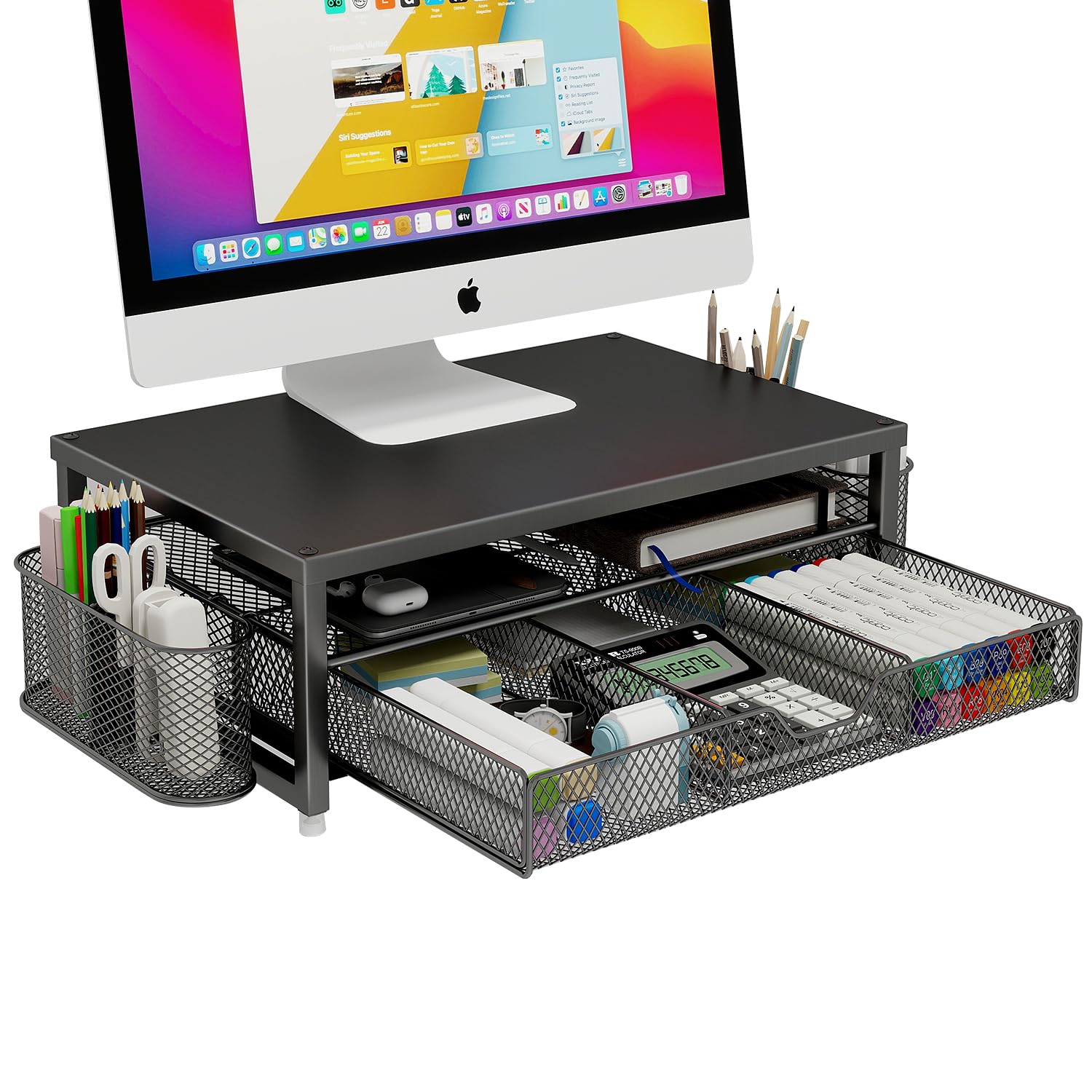 2-Tier Metal Monitor Stand Riser with Drawer - Black