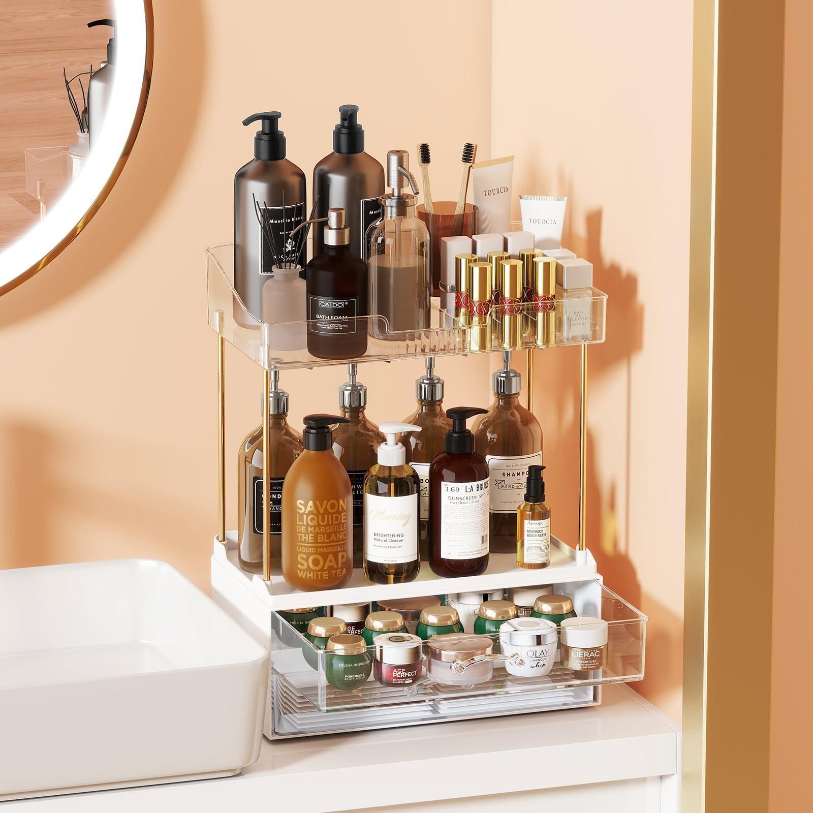 KHNR 2-Tier Makeup Organizer – Large 2-Drawer Vanity & Skincare Storage, White