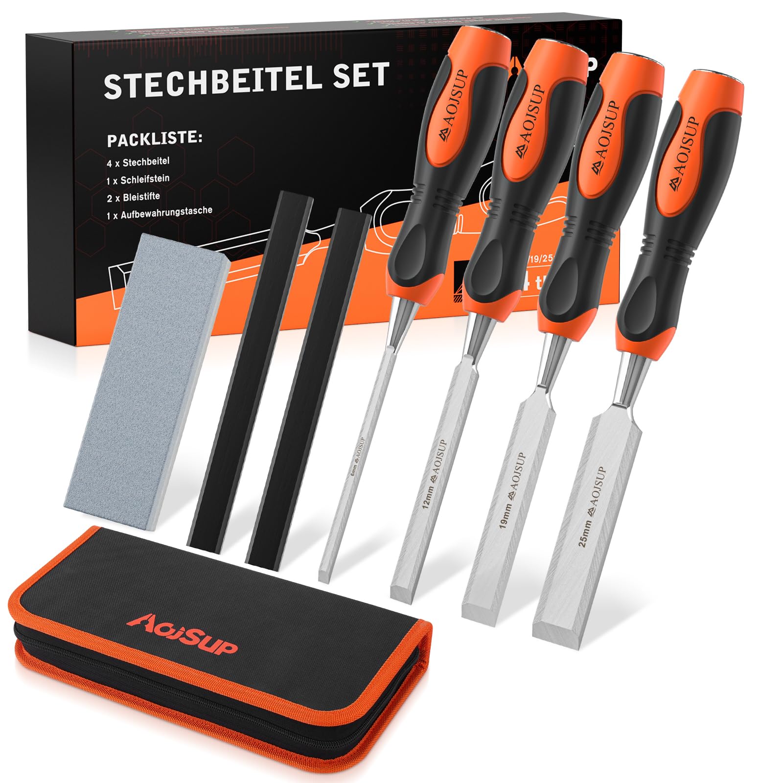 AojSup 8-Piece Wood Chisel Set with Whetstone, Pencils & Storage Bag