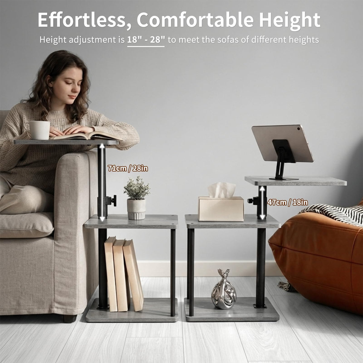 Bingyouth Side Table with Wheels, Height Adjustable Sofa Table with 360° Swivel Top, 3 Tier Bedside Table for Living Room, Bedroom and Small Spaces - image 5
