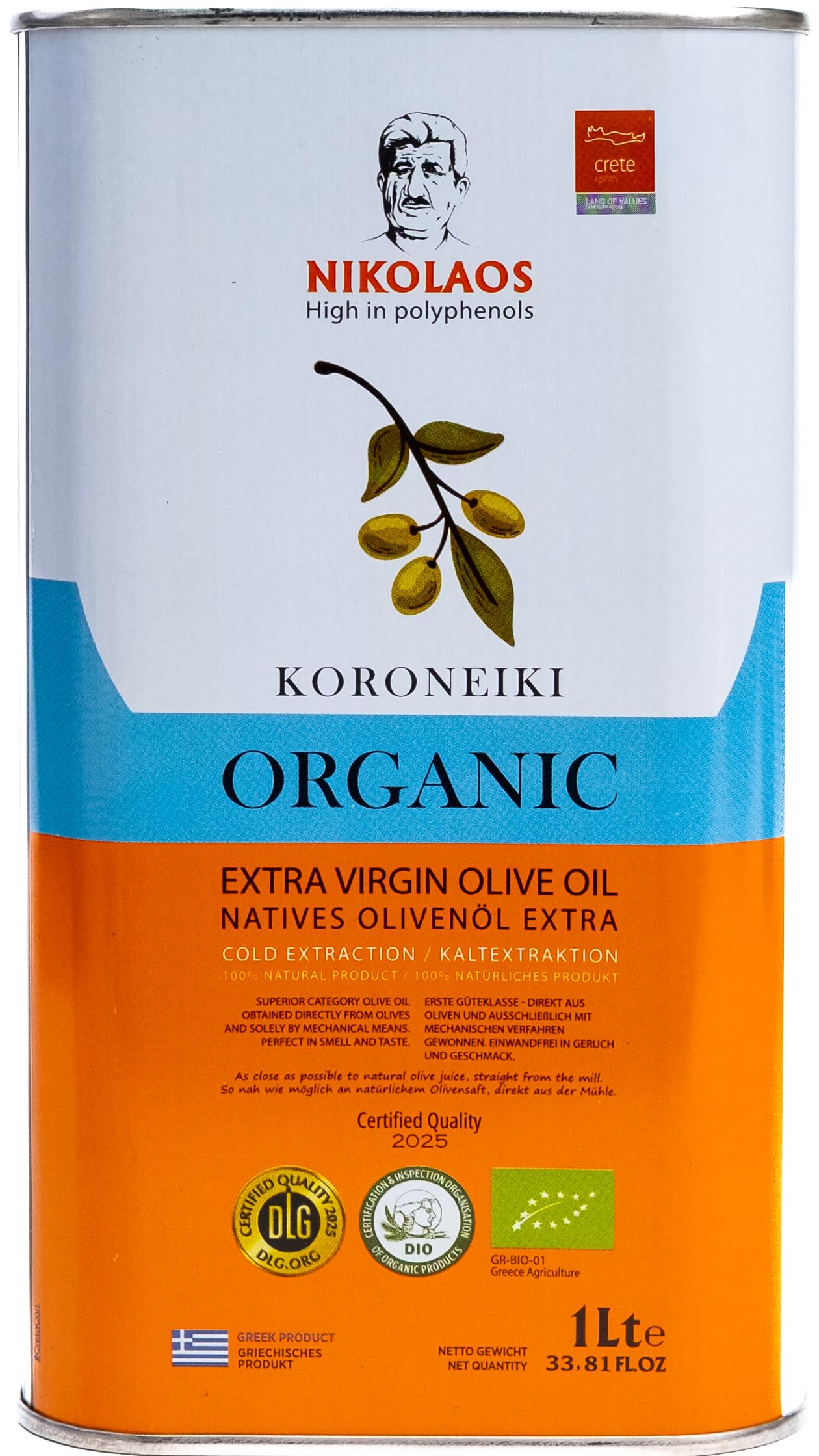 Nikolaos Organic Extra Virgin Olive Oil – Koroneiki Greek Oil (1L)