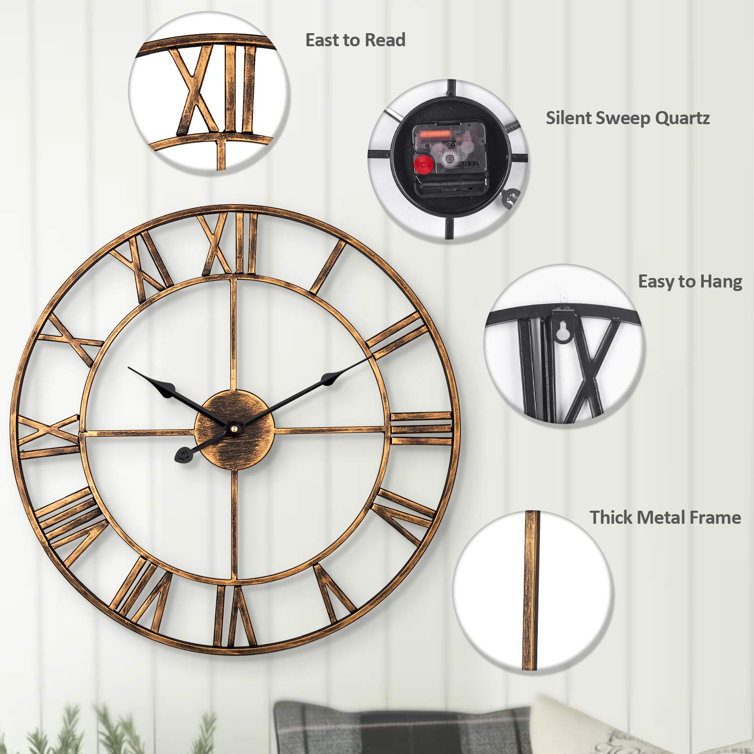 ARVINKEY 47cm Silent Wall Clock – Vintage Metal Skeleton Roman Numerals
