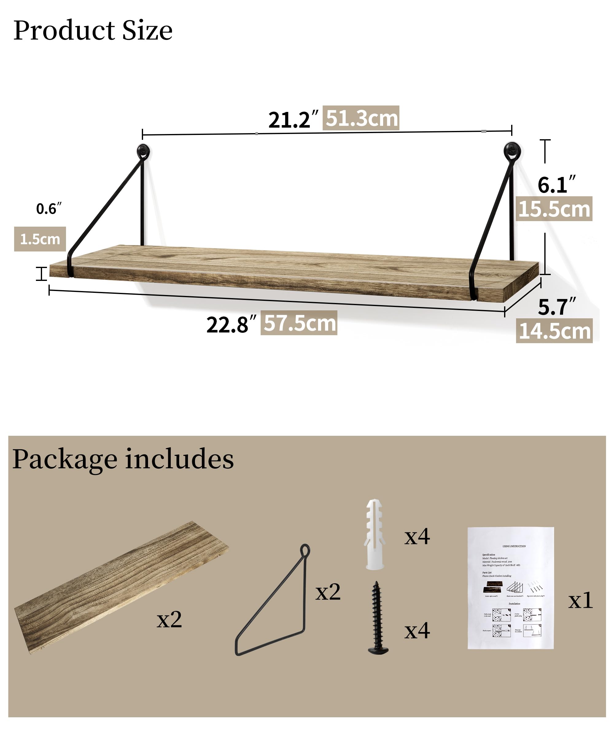 SUMGAR 60cm Rustic Wood Floating Shelves - Set of 2 Wall Storage Racks