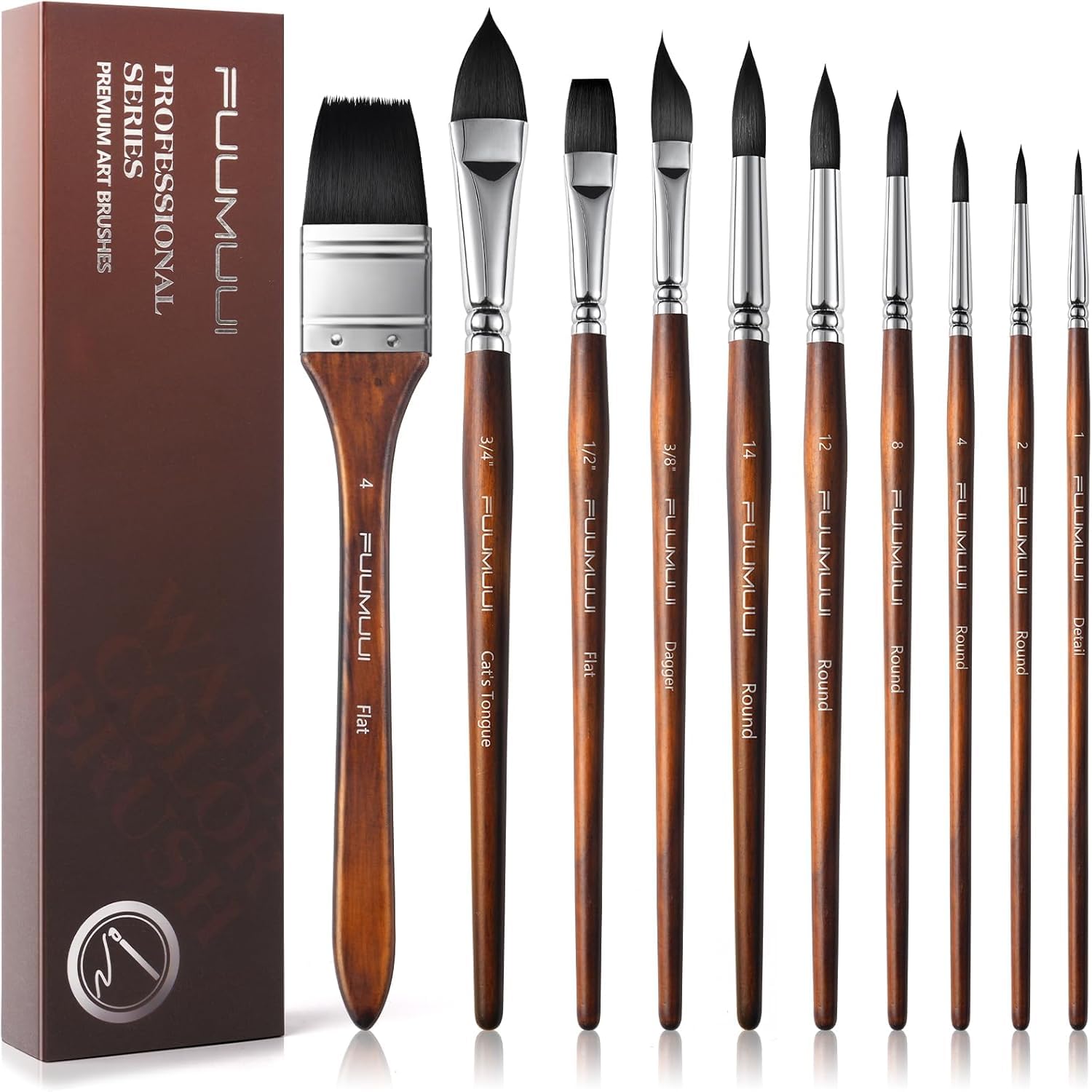 Fuumuui 10Pcs Synthetic Squirrel Hair Watercolour Paint Brush Set