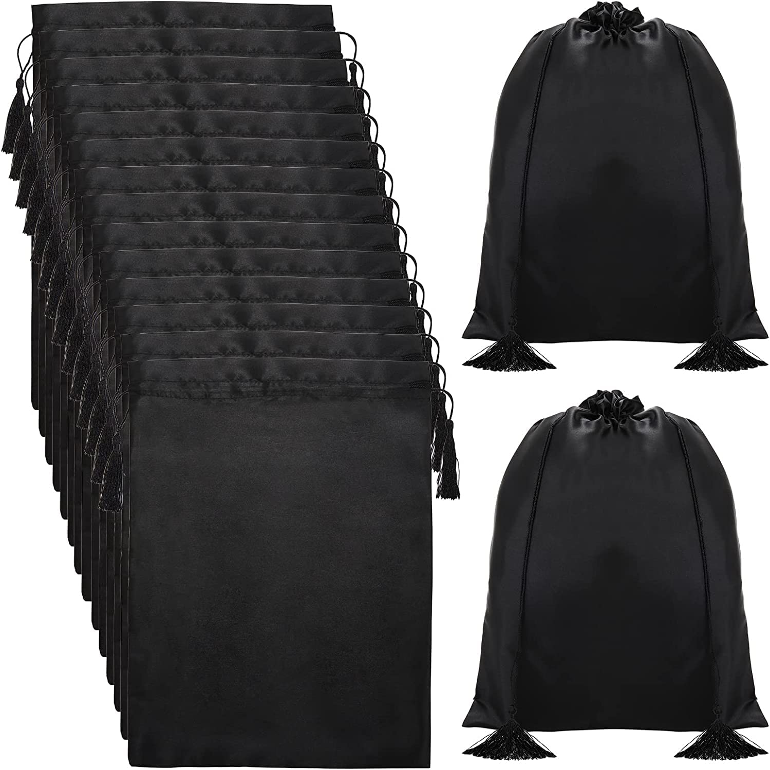 YOUEON 16 Pcs Silk Satin Wig Bags | Black Drawstring Tassel Storage Pouches