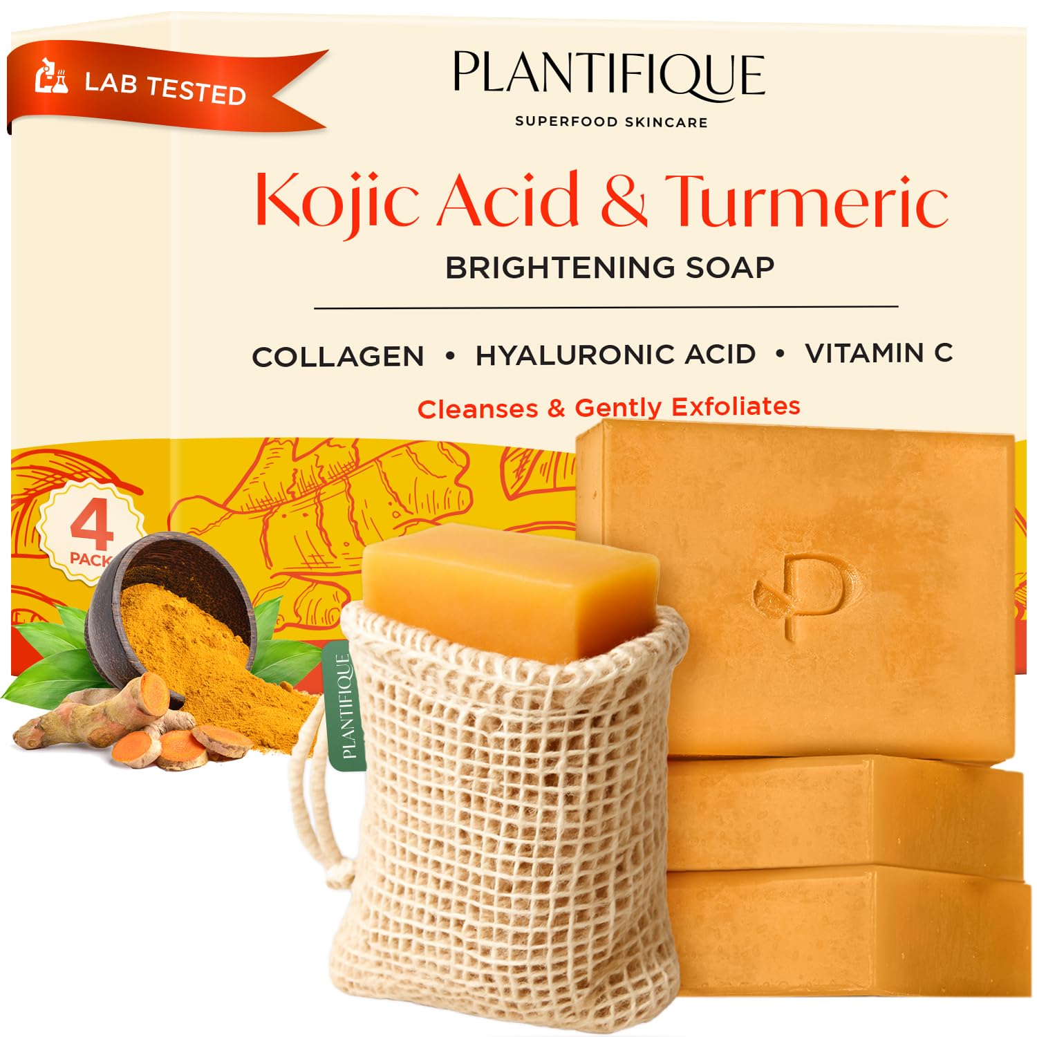 Plantifique Kojic Acid & Turmeric Soap – 4 Pack Brightening Cleanser Bars