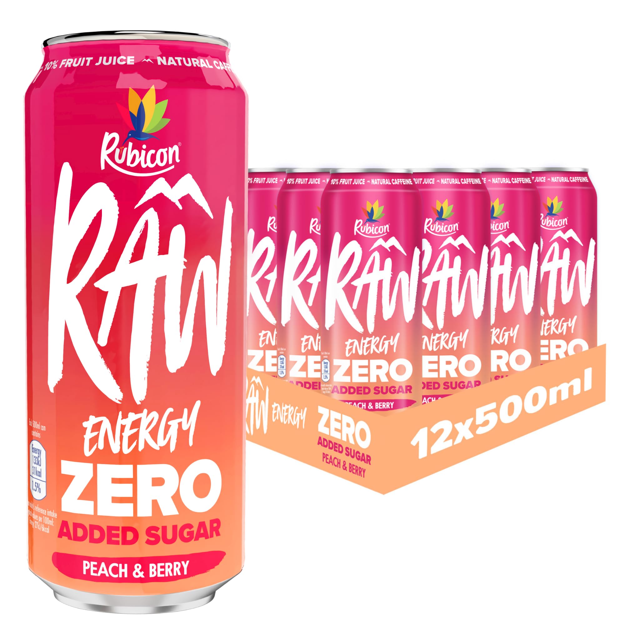 Rubicon RAW Peach & Berry Energy Drink - Zero Sugar - 12 x 500ml