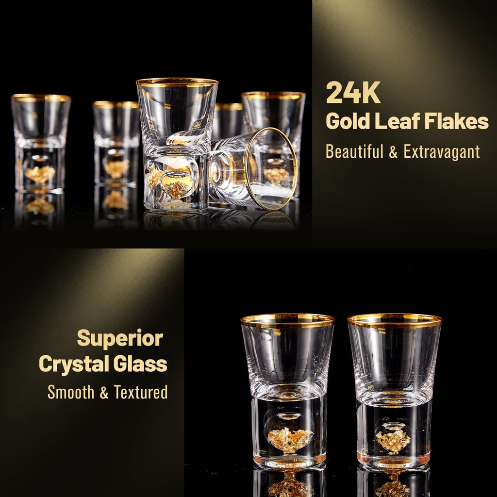 DUJUST Crystal Shot Glass Set – 24K Gold Leaf Flakes & Rim (6 Pcs, 45ml)