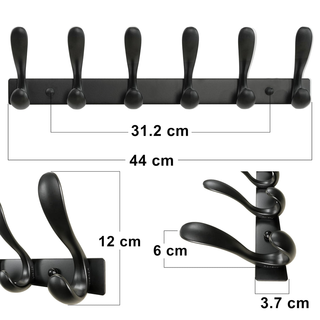 HONSKY Wall Coat Rack- Stylish,44cm Metal Coat Hanger Wall Mounted,Heavy Duty 6 Hooks Wall Coat Hook for Hallway, Bedroom