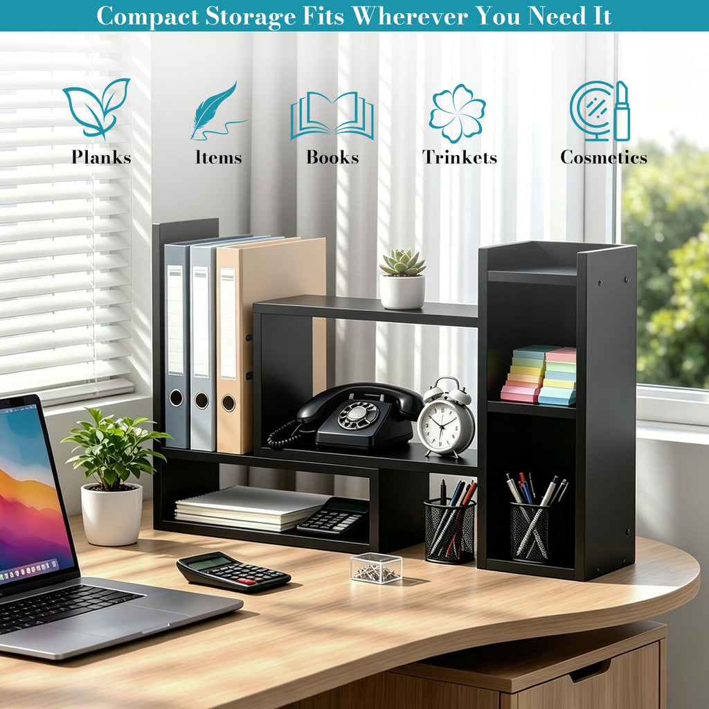 Rivosar Wooden Desktop Bookshelf, Expandable Desk Shelf with Storage Unit - image 5