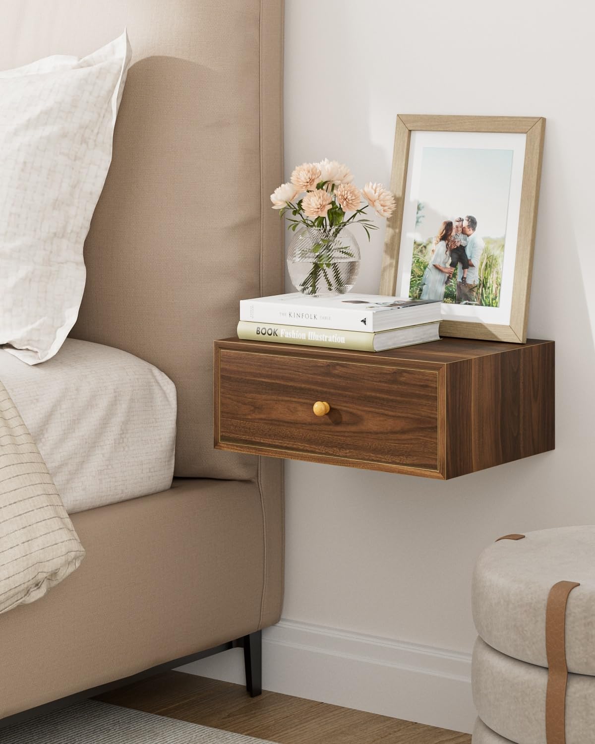 HEYZOEY Floating Bedside Table | Wall Mounted Wood Nightstand - Walnut