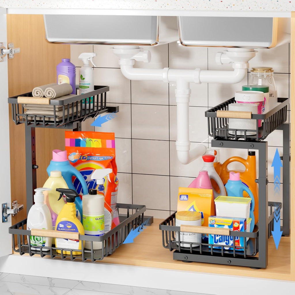 2-Pack Under Sink Organiser – Adjustable Pull-Out Steel Shelves