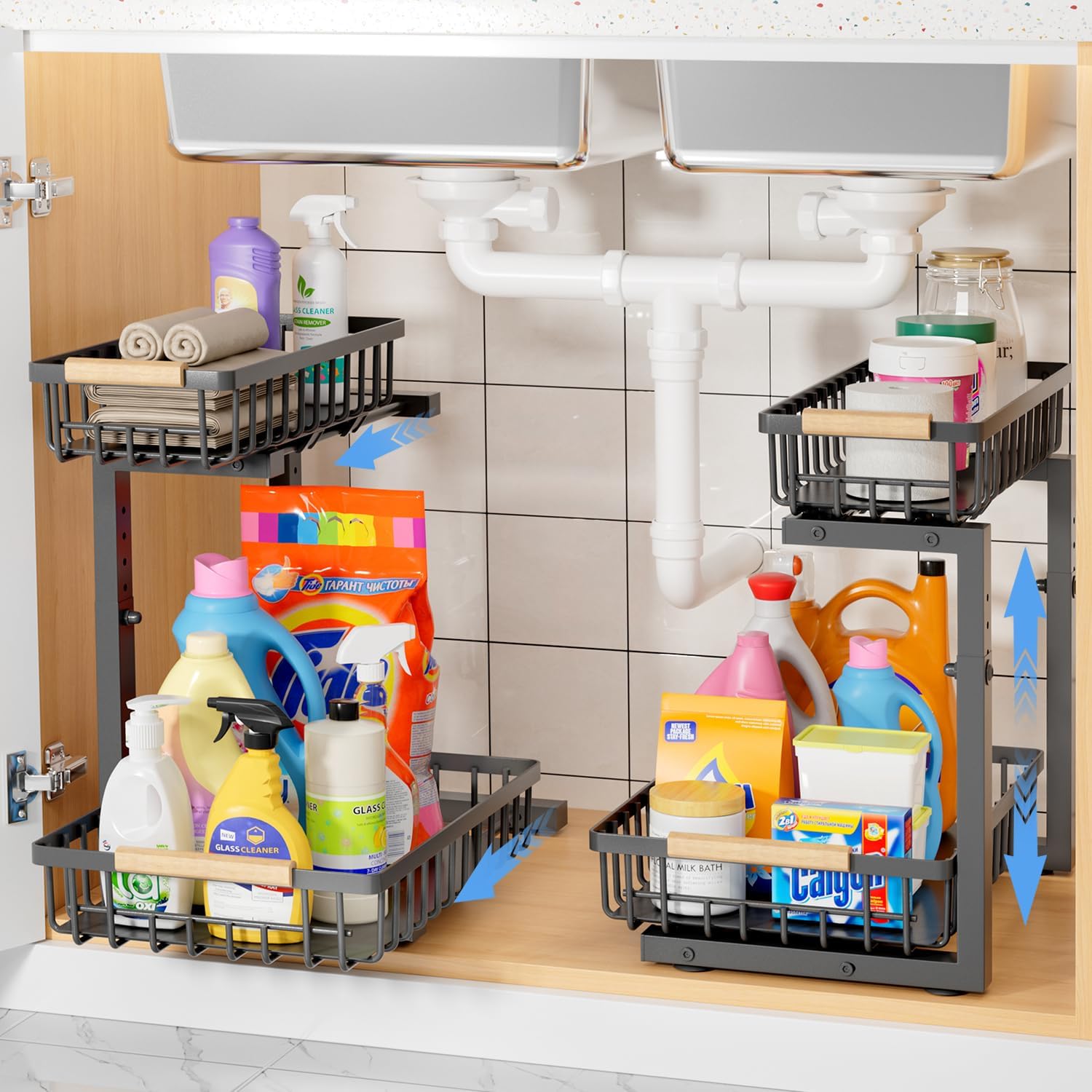 2-Pack Under Sink Organiser – Adjustable Pull-Out Steel Shelves
