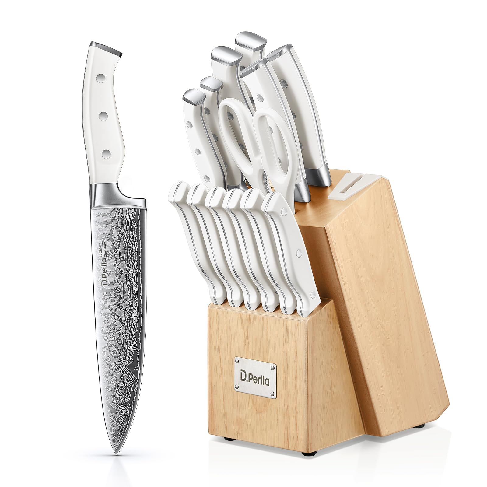 D.Perlla 14-Piece German Stainless Steel Knife Set with Sharpening Block