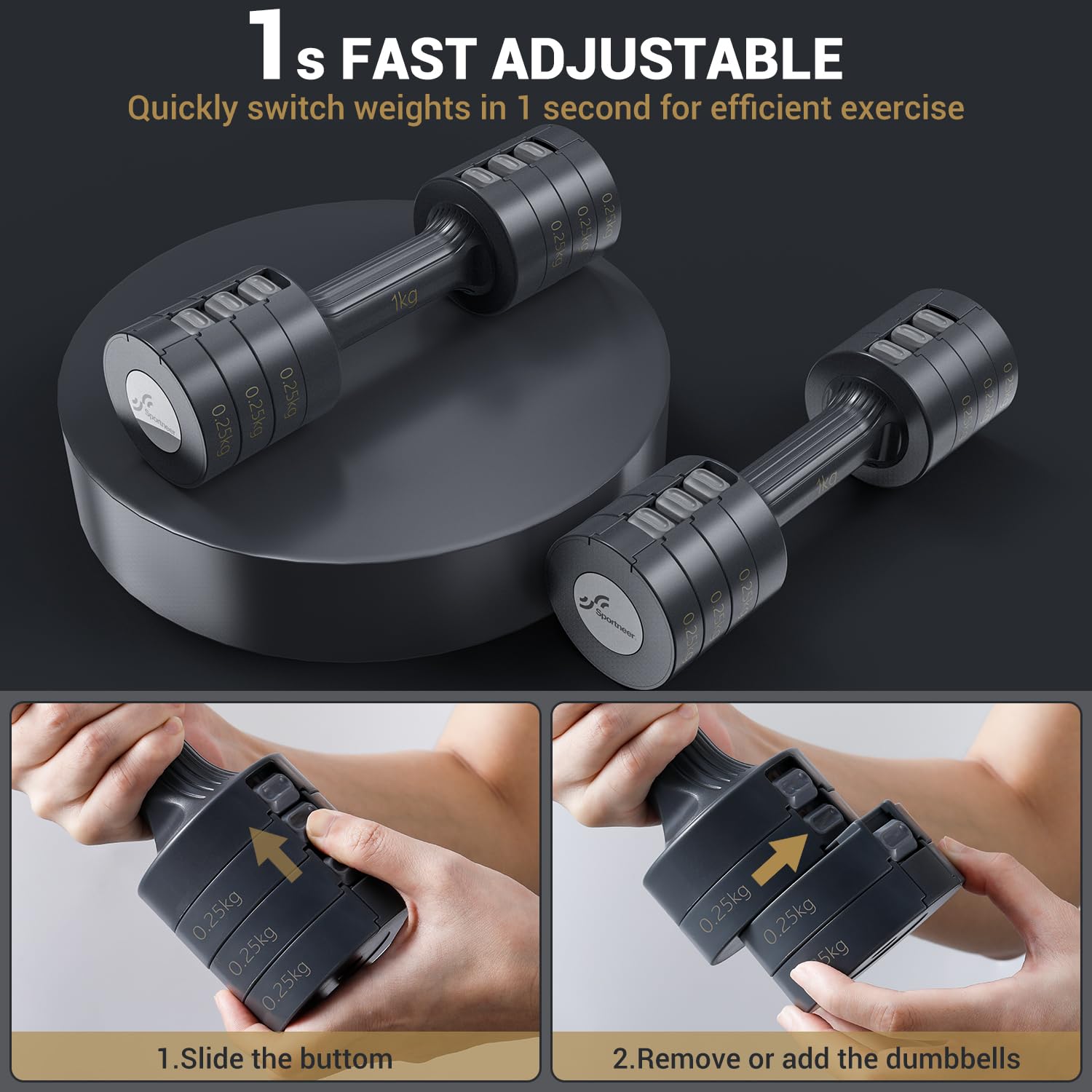 Sportneer 4-in-1 Adjustable Dumbbells Set for Women, 1kg-2.5kg Pair