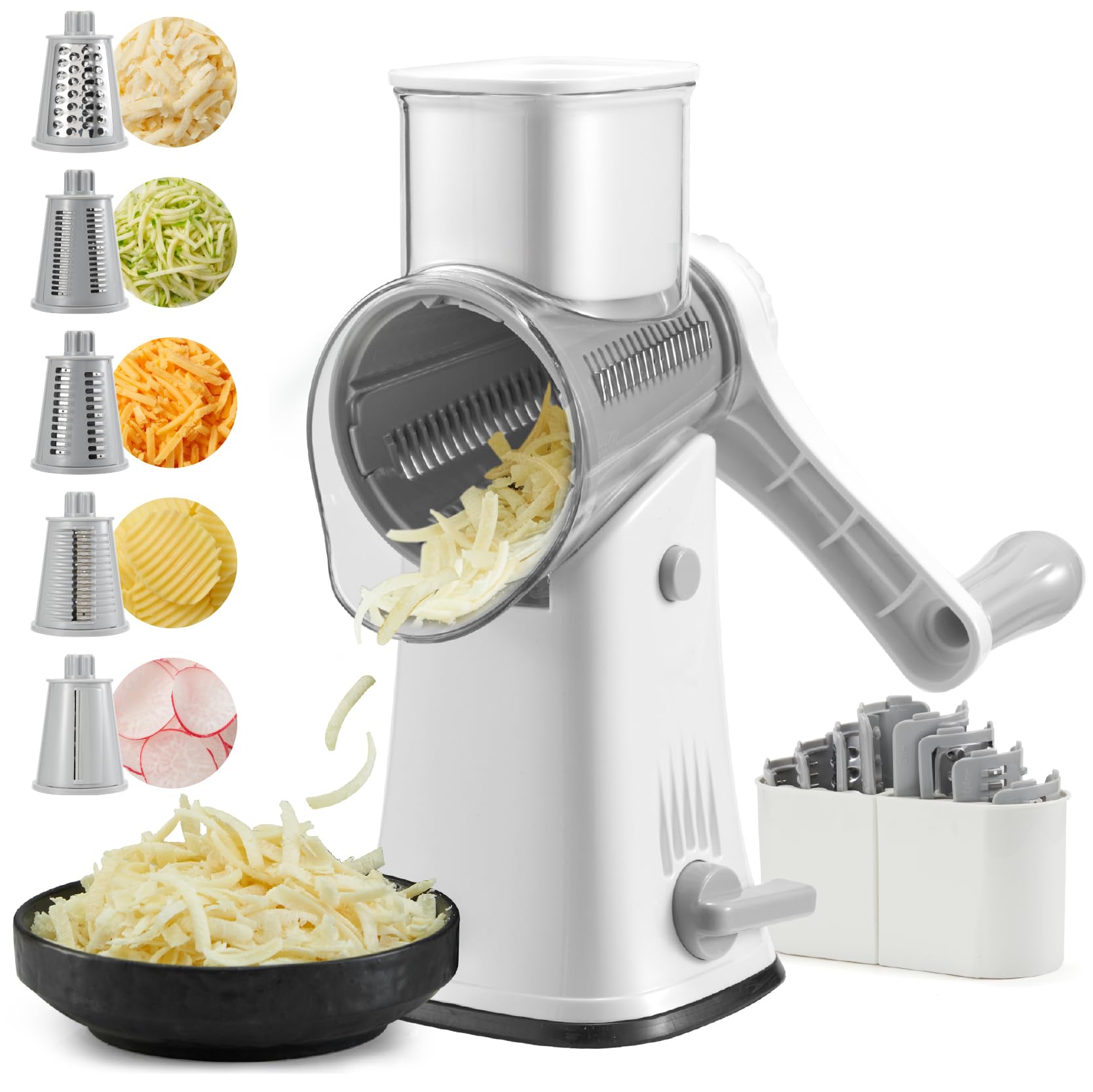 ALEXPHY 5-in-1 Rotary Cheese Grater – Hand Crank Vegetable Slicer, White
