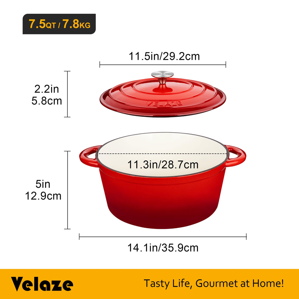 Velaze Enameled Cast Iron Dutch Oven – 7.5L Round Casserole Dish, Red