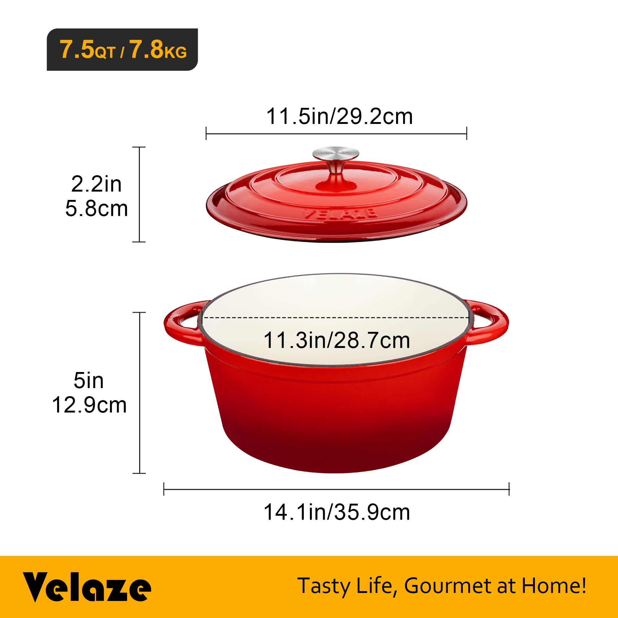Velaze Enameled Cast Iron Dutch Oven – 7.5L Round Casserole Dish, Red