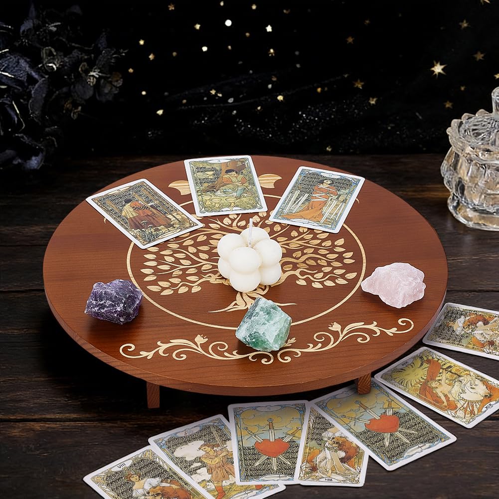 PH PandaHall Altar Table, 11.8x2.7 Inch Round Wooden Meditation Table Engraved Moon Tree of Life Patterns Wiccan Tables for Room Engraved Mystic - image 4
