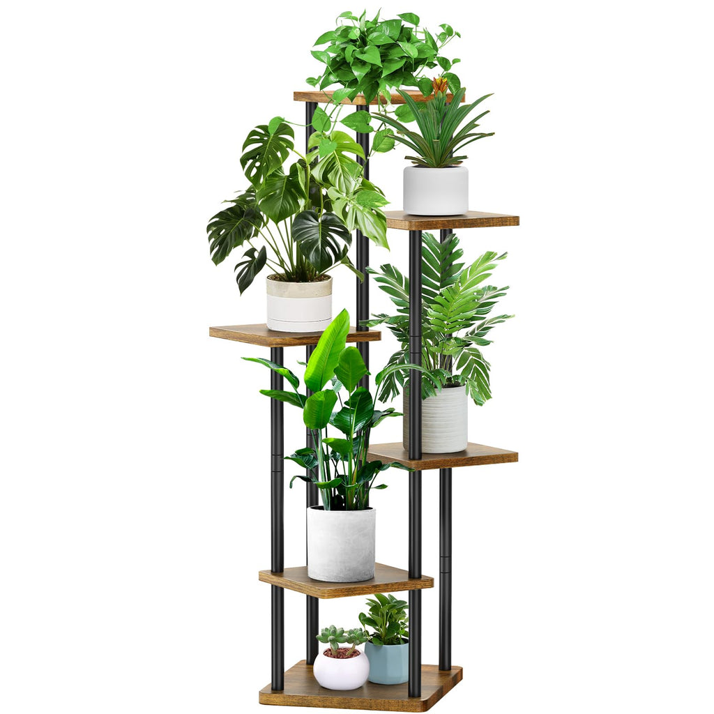 YOCOMEY 6-Tier Wood and Metal Plant Stand – Tall Indoor Corner Flower Rack