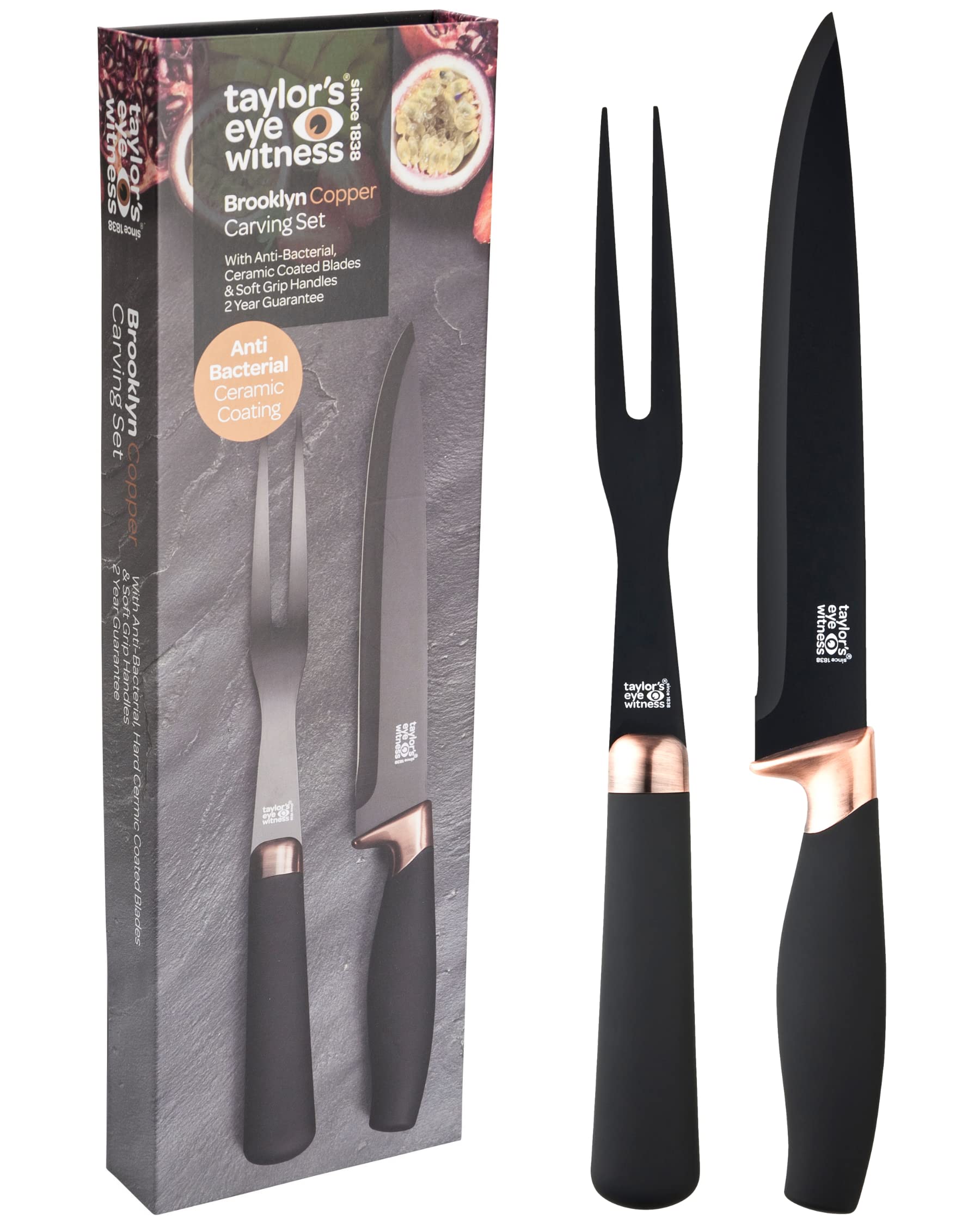 Taylors Eye Witness Brooklyn Rose Gold Carving Knife and Meat Fork Set